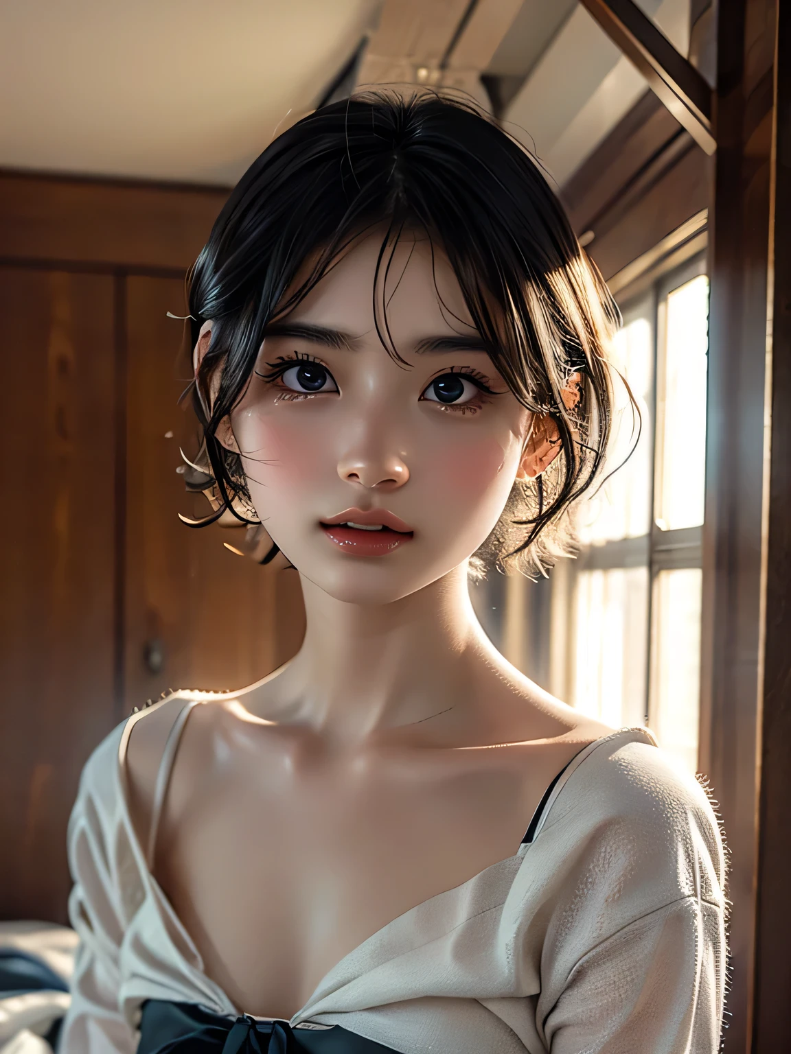 (masterpiece:1.3), (8k,  realistic,  RAW photos,  best quality : 1.4), ((One Transcendental Beautiful Girl )),  beautiful faces, ( realistic Face), ( short hair:1.3), Beautiful hairstyle,  realistic eyes,  beautiful details, ( realistic Skin),  beautiful skin, (( Super Stylish Corset Dress)),  absurd, charm,  ultra high definition,  super real,  very detailed, Golden Ratio, Bust Up Shot , very detailed顔