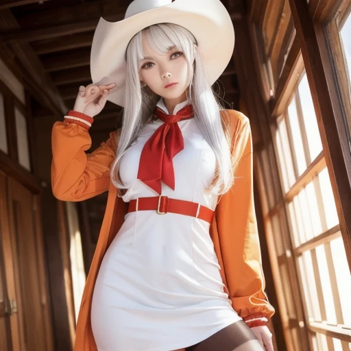  1 GIRL, Masterpiece, 最 High Quality ,  High Quality , Olga_Marie, white_hair,  orange_eye, LONG hair, eyeの間のhair,   long sleeve  ,  jacket,  Red Ascot ,  dress,  skirt ,  pantyhose,  とても長いhair,  Cowboy Shooting , 