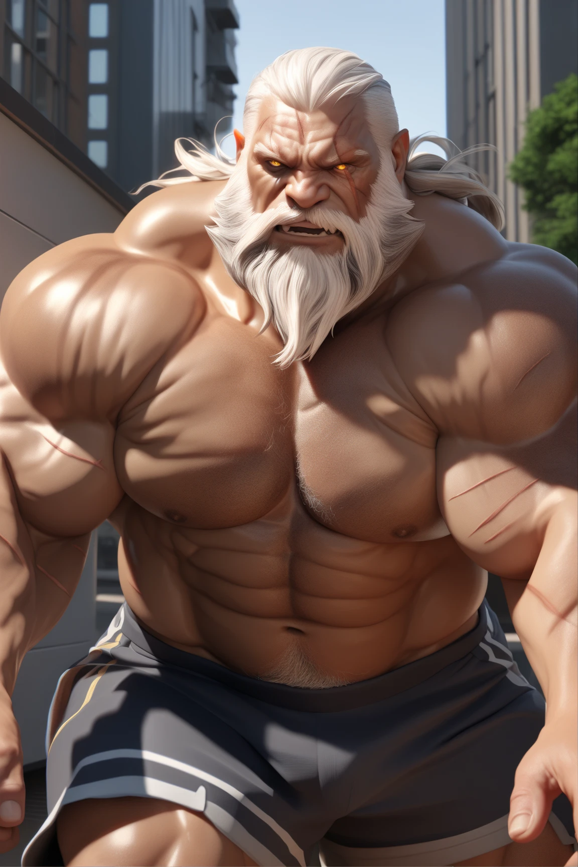 A giant muscular old man, manly, huge ass, growing more and more, torn garments, peito huge ass, brave face, bravo, angry, imposing presence, incredible strength, head looking above, looking at the sky, muscular arms, thick, muscular legs, Robust appearance, immense power, dominant, Unstoppable strength, overwhelming aura, monumental strength, corpo huge ass, muscle definition, crushing musculature, colossal strength, Epic Proportions, invincible titan, Intimidating Enforcer, manly, sexly, manly, black skin, dark olive skin color, blue eyes, nose with pronounced bridge and outward curve that protrudes from the base of the nose, oiled skin, absurdly huge nose, hawk nose, big old man nose, concave nose, well groomed moustache, (80 years old daddy), enormous nose, eagle like nose, veins, sharp well groomed beard