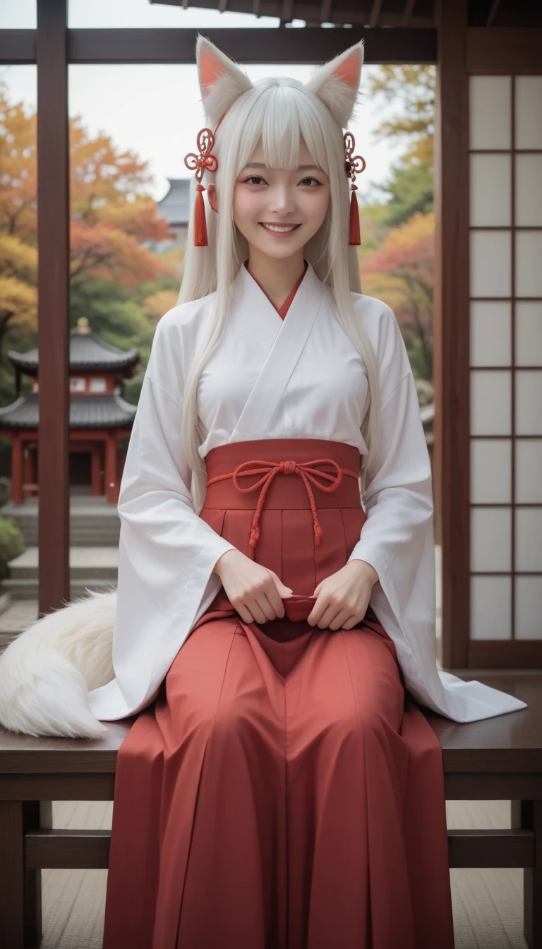 masterpiece,best quality,1 anime girl,detailed face,small face,pale skin,slender,small breasts,white hair,straight hair,long hair,beautiful hair,Fox ears,Fox tail,miko,red skirt,long skirt,white panties,zori,sitting,skirt lift,embarrassed,smile,shrine