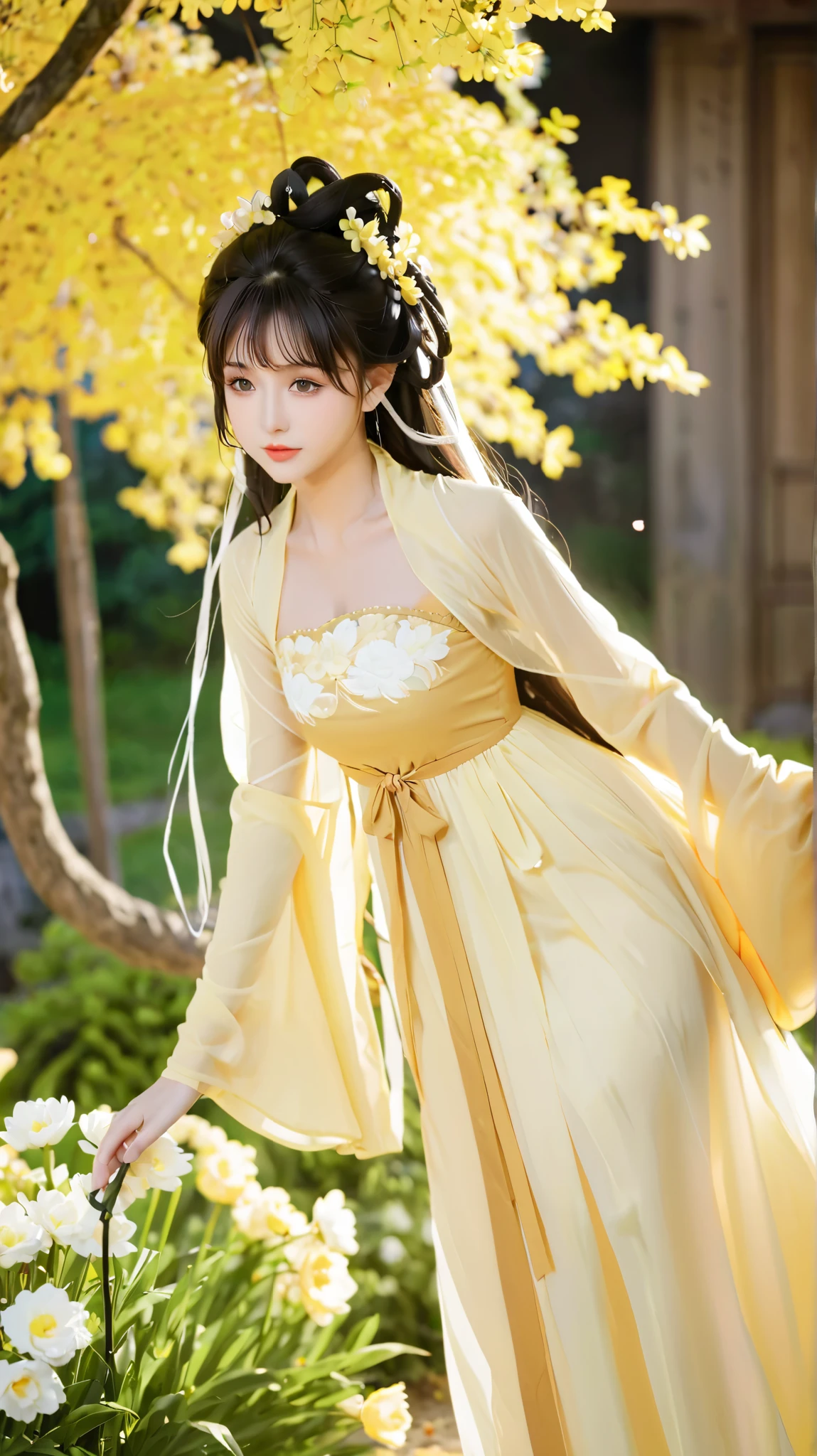 Wearing a light yellow dress、头发上有花朵的Anime Girl, very 美丽的Anime Girl, 美丽的Anime Girl, beautiful fantasy anime , Gu Weiss, Anime Girl, 美丽的Anime Girl, very pretty cute girl , yellow flower, background blur, Anime style 4K, Anime fantasy work , 4k anime wallpaper, Guvez style artwork