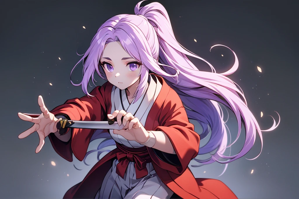 this is a picture of a girl dressed in a long gown with a sword, clean line drawings, ultra cute girl, ultra cute face, ultra detailed eyes, ultra detailed hair, ultra cute, ultra beautiful, ((high end)), (UHD picture), (best quality,4k,8k,highres,masterpiece:1.2), top-quality(​masterpiece), top-quality, ultra-detailed, highly detailed texture, intricate details, high quality textures, masterpiece, best quality, perfect quality, perfect anatomy, perfect body, perfect symmetrical face, perfect hands, perfect feet, (two arms:1.2), (two legs:1.2), (five fingers each:1.2), (perfect joint:1.2), perfect joint movement, precise fingers and hands, 1 beautiful girl, 1 girl, alone, solo, , , ((())), ((ish)), (Best Quality, hight resolution), extremely detailed and lifelike, Vibrant colors, simple background, very long hair, forehead visible bangs, hair flaps, purple hair, ponytail, well-formed face, purple eyes, japanese clothes, samurai, open vest, red vest, white kimono, long sleeves, wide sleeves, haori, long hakama, wide hemmed hakama, hakama pants, long trousers, sword, katana, holding katana, weapon