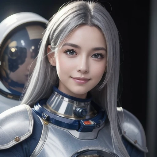  best quality ,  ultra high definition, ( realism: 1.4),  depth of field,  beautiful faces, (PureErosFace_v1: 0.8), Half Body, | |  1 GIRL,  medium breasts, ( gray hair: 1.3),  innocent smile,  natural cosmetics, | | |  Model Poses, | | (Space Suit: 1.3), ( blue armor: 1.3), Exquisite design, | |  cosmic background , star_(null), moonlight,   knight , | |