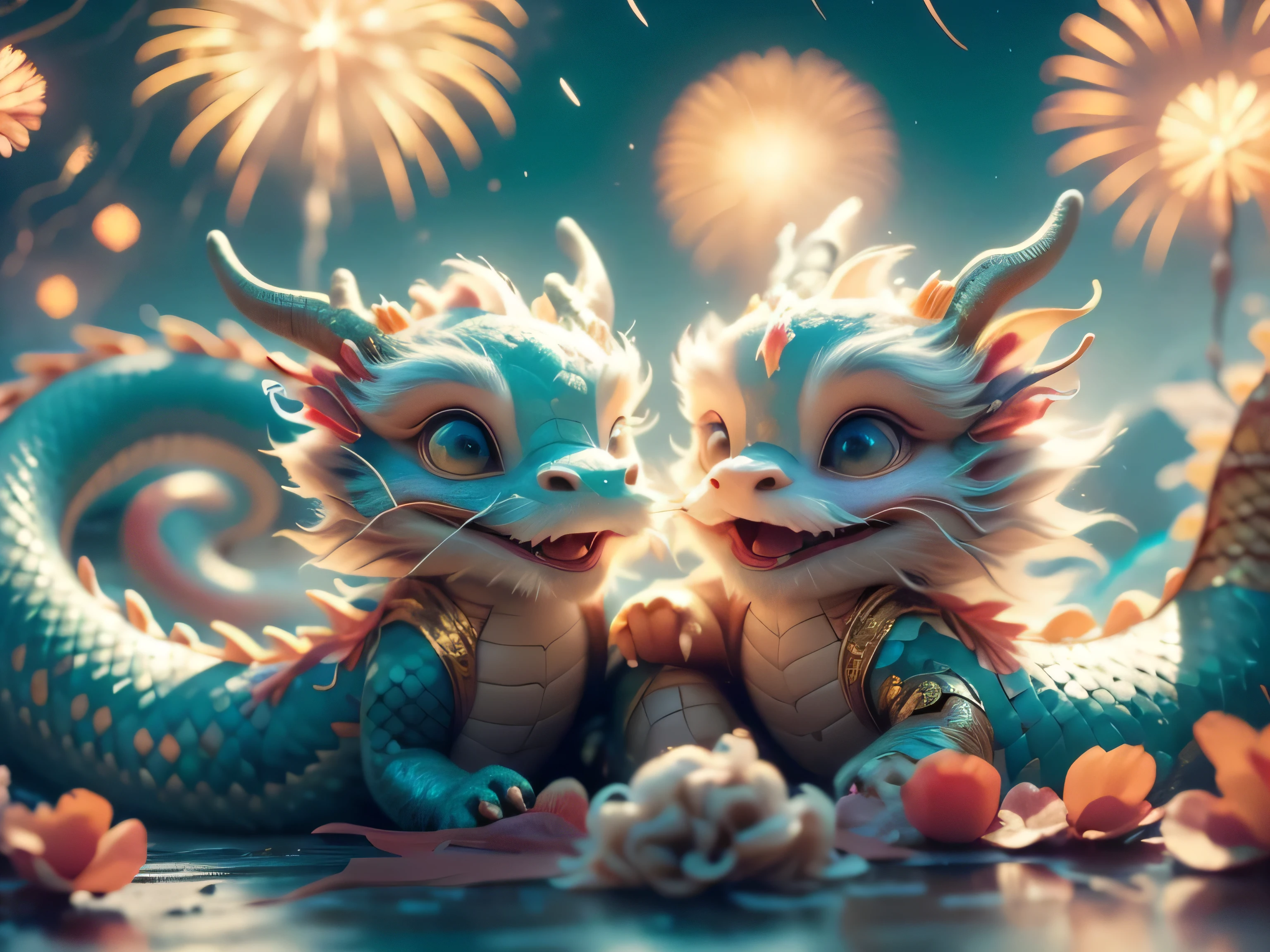 Magical Fantasy Creature, (Best Quality, Masterpiece, Representative Work, Official Art, Professional, Super Detailed, 8k:1.3), (Photorealism:1.2) Hyperrealistic fantasy art. Medium shot. Highly textured, hyperrealistic 3D render, Super cute, A very cute little dragon, with bright scales and big expressive eyes, sitting on the lawn and looking with delight at the sparkling fireworks in the sky. Next to him, a very cute little snake is curling up, also delighted by the spectacle. The snake should be playful and friendly, with cheerful patterns on its scales that reflect the colors of the fireworks. The work should be done in the style of a bright and funny illustration, with an emphasis on the cute features of the characters. Use rich and cheerful colors - green and blue for the dragon, and a variety of colors for the snake. The fireworks should be bright and shiny, creating an atmosphere of magic. Convey a sense of joy and admiration by putting cheerful expressions in the characters. The dragon and the snake should look happy and enthusiastic so that the viewer can feel the atmosphere of celebration and friendship between them. Set the scene against a night sky with bright fireworks that sparkle and explode in various shapes and colors. Add a starry sky with light clouds to create a sense of depth and magic where the dragon and snake are located. Soft focus with a soft volumetric glow. Creature design by Ian McCue. Almost three-dimensional details reminiscent of the surreal, fairy-tale worlds of Mark Ryden, Ashley Wood and James Jean. Warm color palette with deep shadows. Super glossy effect. Best quality. Masterpiece. Representative work. Official art. Professional. Super detailed. 8k resolution. Photorealistic. Cinematic. Atmospheric. Dark. Intricate details. HDR. Beautifully shot. Hyperrealistic. Crisp focus. Perfect composition. High contrast. ArtStation. Intricate detail, HDR, Beautifully shot, Hyperrealistic, Crisp focus, 64MP, Perfect composition, High contra