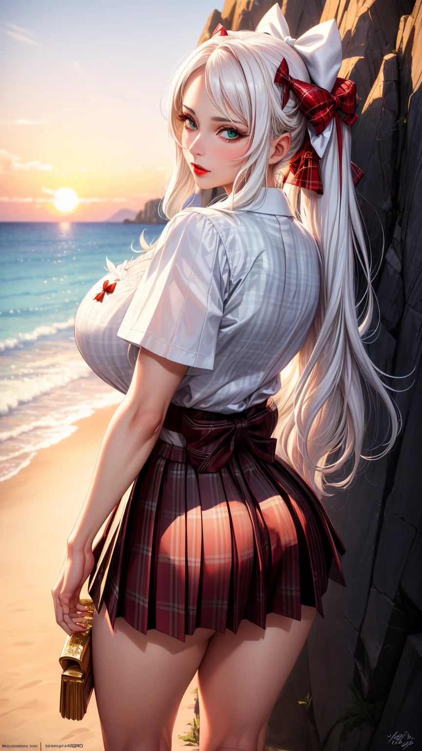 ((exceptional quality)), ((masterpiece)), (detailed), perfect face, perfect eyes, expressive eyes, long wavy white hair, white cat ears, gigantic breasts, thick thighs, red eyes, bratty, lips parted slightly, red lipstick, black choker with spikes, pink short sleeve crop top tied in knot at the front, black plaid skirt, white panties visible, panties wet, partly visible cameltoe, view from below
