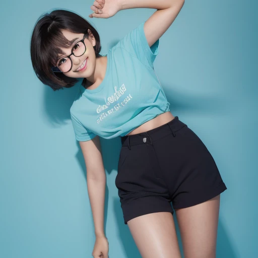  1 GIRL, Round Glasses,  big glasses,  smiles,  looking at camera ,   short messy hair ,  dark skin,  round eyes, Cyan blue shirt,  black shorts ,  close, Magazine photoshoot,  dynamic pose 