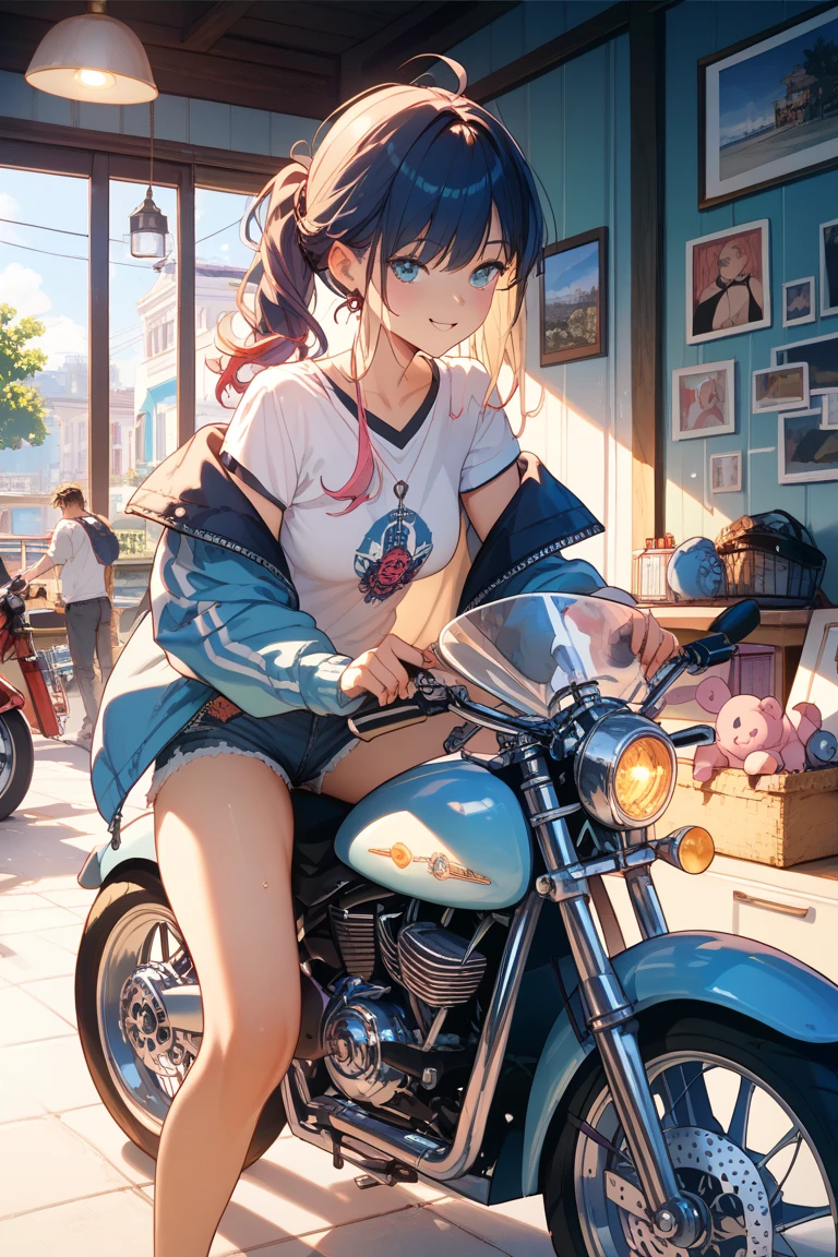 masterpiece, Highest quality, View Viewer, look up, Kiss the viewer, noon, Alley, ZOOMER, mini skirt, Close your mouth,short hair,One person,blue sky, Motorbike
