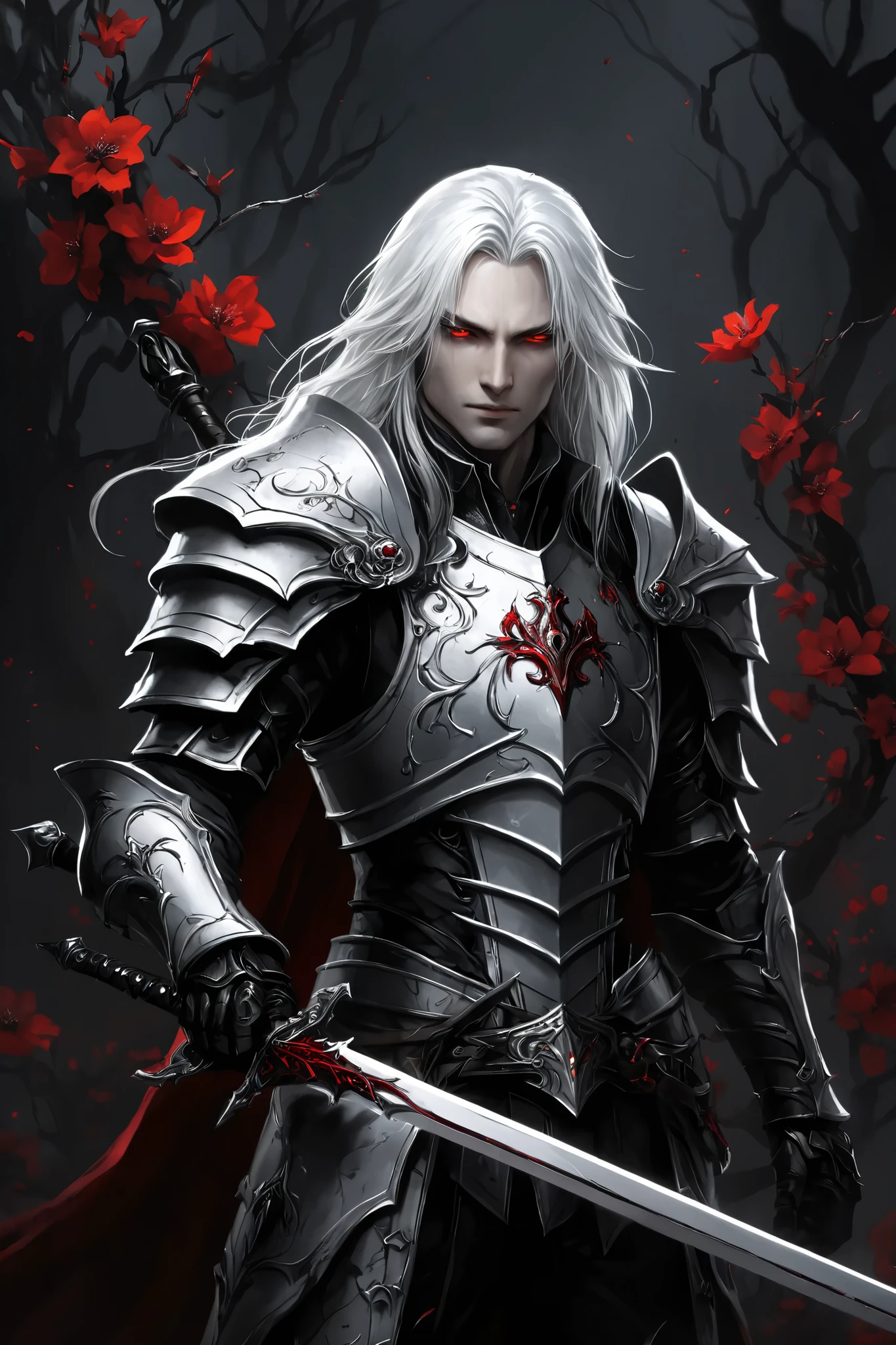 portrait (concept art:1.3) of a vampire knight with long (messy white hair), front view, {style of Sylvain Sarrailh}, (game art), illustration, (pale gray skin:1.3), glowing red eyes, ribcage visible through tattered dark fabric, wearing blackened plate armor, holding a sword with a glowing light red blade, surrounded by stylized black and red flowering vines and thorny branches, (dramatic rim lighting:1.3), armor details, detailed hair shadow, (dark fantasy art), cinematic, high-resolution image