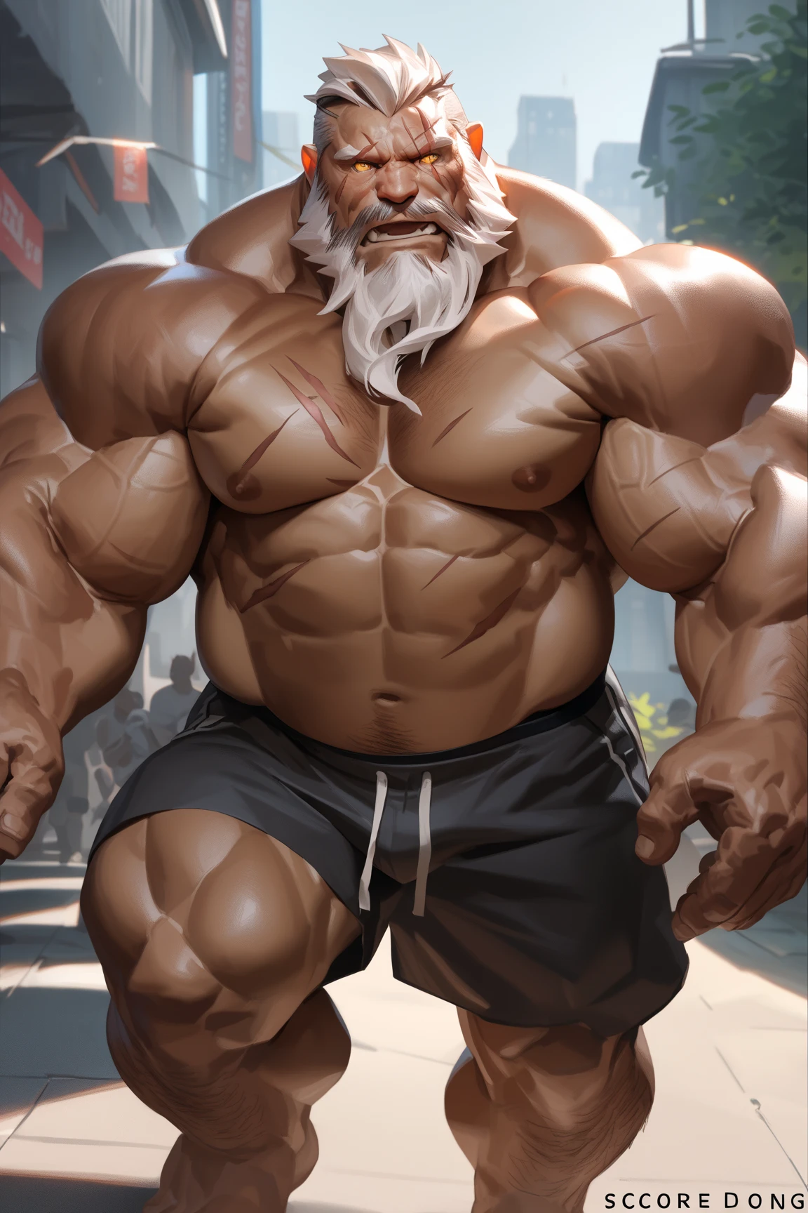 chubby old man in street city, old man, thick arm, huge arm, bearded. white hair and beard, bearded, muscular, pectoral, wide pectoral, realistic, 8k, masterpiece, (wearing shorts and shirtless:1.3, topless, shoes)