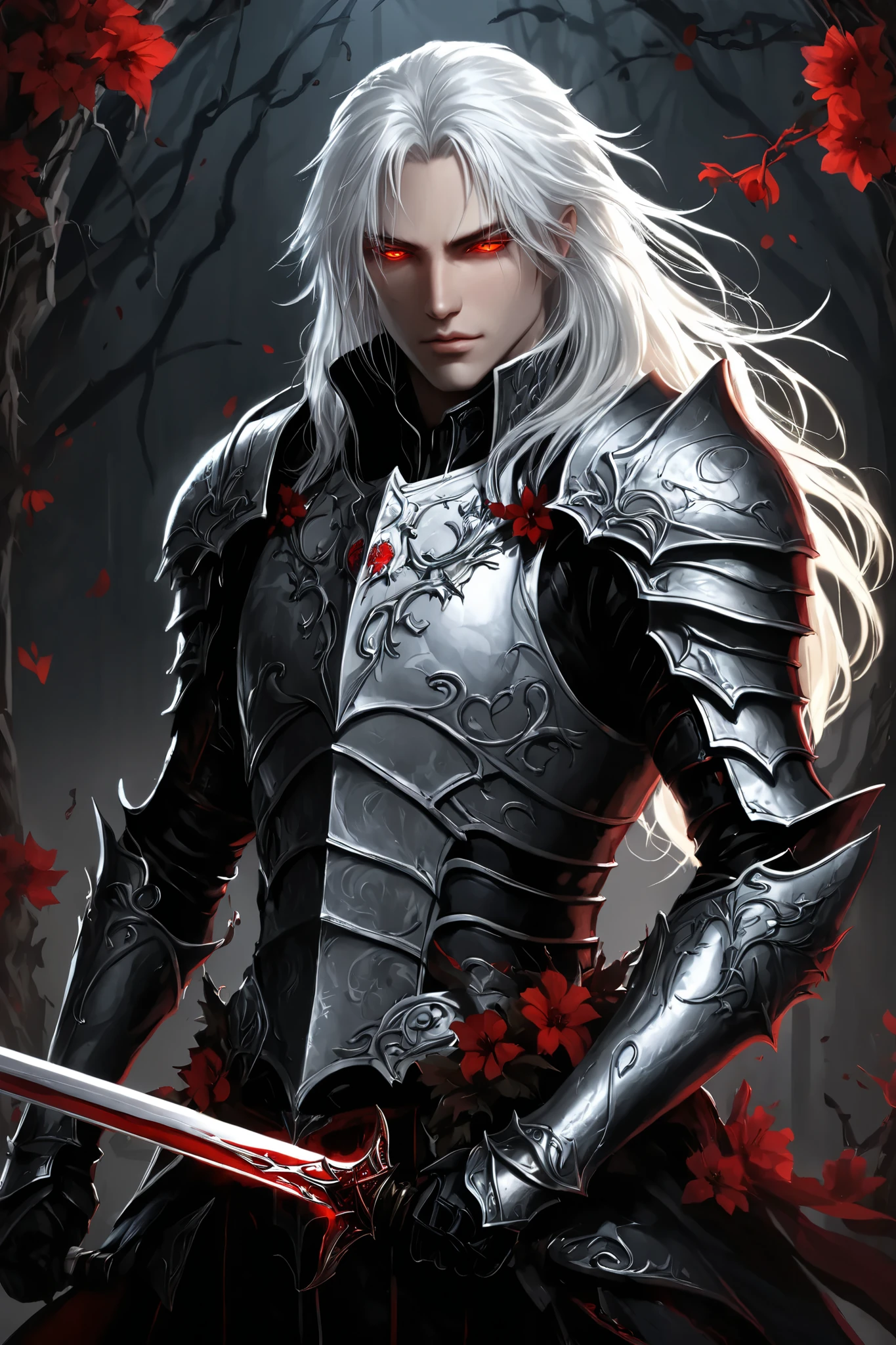 portrait (concept art:1.3) of a vampire knight with long (messy white hair), front view, {style of Sylvain Sarrailh}, (game art), illustration, (pale gray skin:1.3), glowing red eyes, ribcage visible through tattered dark fabric, wearing blackened plate armor, holding a sword with a glowing light red blade, surrounded by stylized black and red flowering vines and thorny branches, (dramatic rim lighting:1.3), armor details, detailed hair shadow, (dark fantasy art), cinematic, high-resolution image