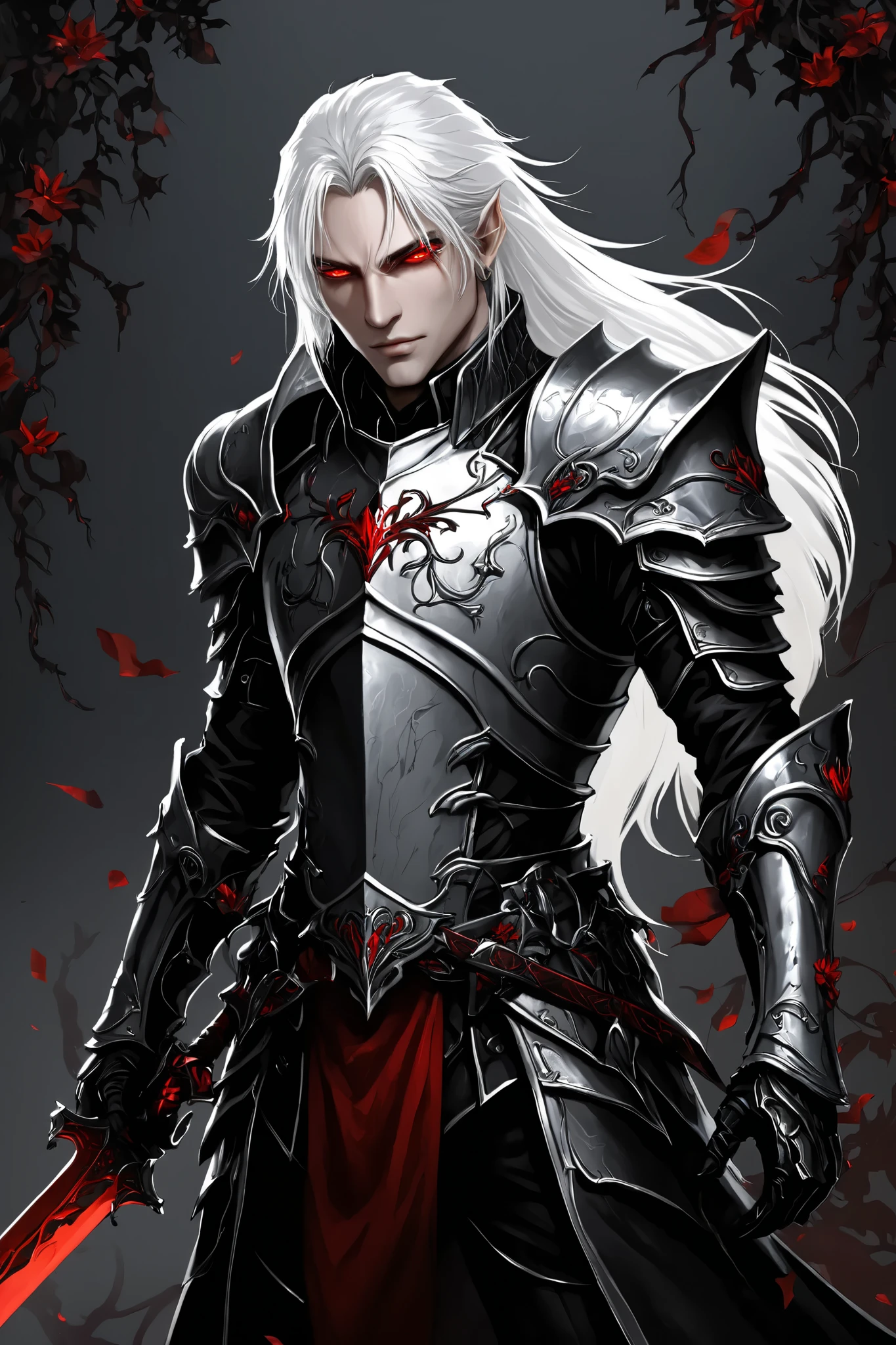 portrait (concept art:1.3) of a vampire knight with long (messy white hair), front view, {style of Sylvain Sarrailh}, (game art), illustration, (pale gray skin:1.3), glowing red eyes, ribcage visible through tattered dark fabric, wearing blackened plate armor, holding a sword with a glowing light red blade, surrounded by stylized black and red flowering vines and thorny branches, (dramatic rim lighting:1.3), armor details, detailed hair shadow, (dark fantasy art), cinematic, high-resolution image