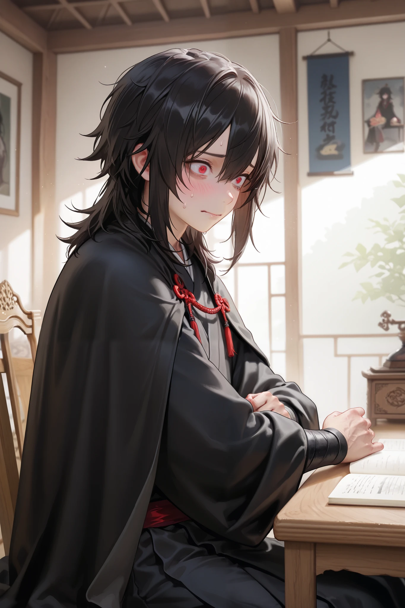 masterpiece, best quality, Detailed Eyes, semi realistic, 8k, boy, black medium hair, red eye, cute, black hanfu suit, clumsy, naive, cutie face, 8k, black cape, embsleepy emotion, face, nervous, boring, sitting on chair, snoozing on wood desk old oriental room background, solo charactor