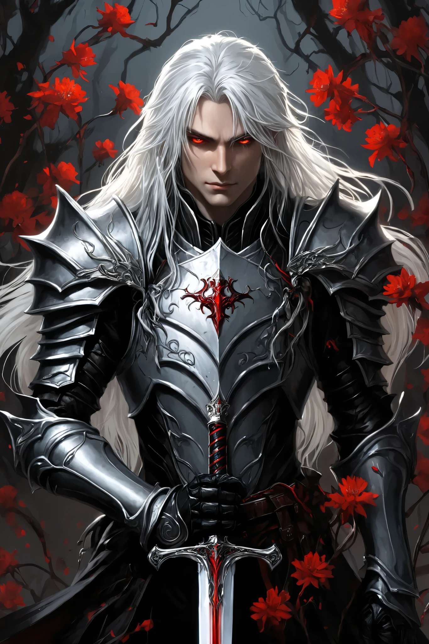 portrait (concept art:1.3) of a vampire knight with long (messy white hair), front view, {style of Sylvain Sarrailh}, (game art), illustration, (pale gray skin:1.3), glowing red eyes, ribcage visible through tattered dark fabric, wearing blackened plate armor, holding a sword with a glowing light red blade, surrounded by stylized black and red flowering vines and thorny branches, (dramatic rim lighting:1.3), armor details, detailed hair shadow, (dark fantasy art), cinematic, high-resolution image