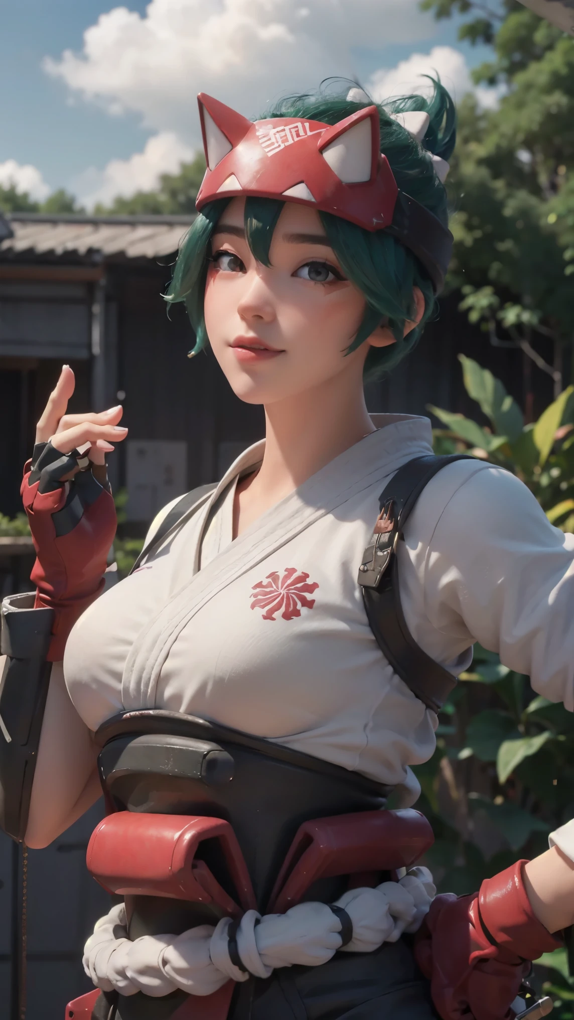 Kiriko,(best qualityer,4K,8k,high resolution,work of art:1.2)(weather: cloudy), mech facility background, mech reactor, white cropped top, elbow long sleeves, belt, tight leggings, mechanic gloves, mechanic harness, mechanic boots, eyeliner, short wavy hair, green hair, ultra detailed, realistic, portrait,beautiful detailed hazel brown eyes, glowing eyes,blush,beautiful detailed lips,extremely detailed eye and face, long eyelashes, sexy,average, large breasts,beaming smile, sexy smile,powerful girl, sexy pose, stunning curves,bright coloured,dramatic lighting,
