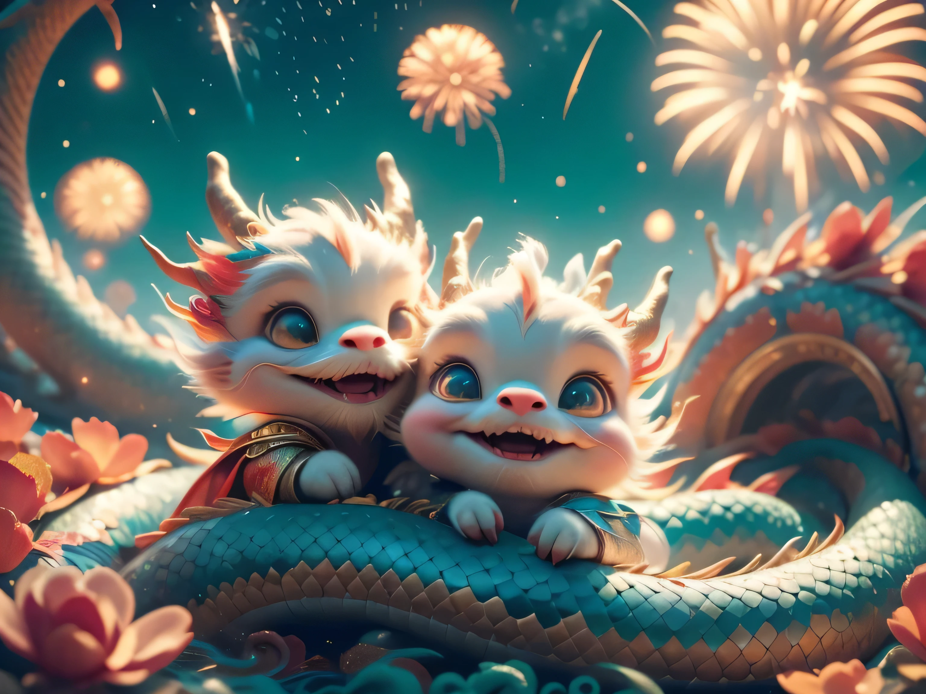 Magical Fantasy Creature, (Best Quality, Masterpiece, Representative Work, Official Art, Professional, Super Detailed, 8k:1.3), (Photorealism:1.2) Hyperrealistic fantasy art. Medium shot. Highly textured, hyperrealistic 3D render, Super Cute, A super cute little dragon with brightly colored scales and big expressive eyes sits and watches with delight the sparkling fireworks in the sky. Next to him, a super cute little snake is curled up, also delighted by the spectacle. The snake should be playful and friendly, with cheerful patterns on its scales reflecting the colors of the fireworks. The artwork should be in the style of a bright and fun illustration, with an emphasis on the cute features of the characters. Rich and cheerful colors - green and blue for the dragon and a variety of colors for the snake. The fireworks should be bright and shiny, creating an atmosphere of magic. Convey a sense of joy and excitement by giving the characters cheerful expressions. The dragon and snake should look happy and excited so that the viewer can feel the atmosphere of celebration and friendship between them. A night sky scene with bright fireworks that sparkle and explode in different shapes and colors. A starry sky with light clouds to create a sense of depth and magic where the dragon and snake are. Soft focus with a soft volumetric glow. Detailed fur texture, creature design by Ian McCue. Almost three-dimensional details reminiscent of the surreal, fairy-tale worlds of Mark Ryden, Ashley Wood and James Jean. Warm color palette with deep shadows. Super glossy effect. The best quality. A masterpiece. Representative work. Official art. Professional. Super detailed. 8k Resolution. Photorealistic. Cinematic. Atmospheric. Dark. Intricate Detail. HDR. Beautifully Shot. Hyperrealistic. Crisp Focus. Perfect Composition. High Contrast. ArtStation. Intricate Detail, HDR, Beautifully Shot, Hyperrealistic, Crisp Focus, 64MP, Perfect Composition, High Contrast, Cinematic, Atmospheric, Dark