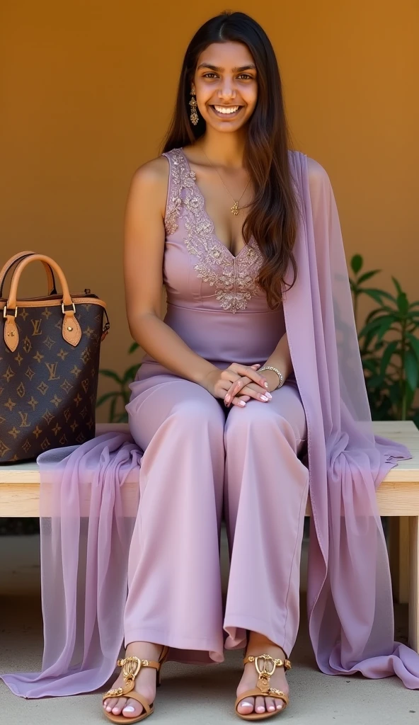 Half-length glamour portrait, nikon D850, f1.6 lens, 200mm, DSLR, 22 Megapixels, (((Park in Dubai scene))), shot of a stunning 20 years old portuguese girl, (smile:1.4), (wearing multicolored High-neck blouse with lavender straight-leg trousers:1.6), ((seductive pose)), hot girl, (((big natural breasts))), (((brown ponytail hair))), (small girl), symmetrical face, photorealistic, photography, (bright natural lighting), gorgeous, deep cleavage, (masterpiece), best quality, high resolution, extremely detailed, cinematic lighting, (((very narrow waist))), rich colors, hyper realistic, lifelike texture, ((jewelry)), (((She has beautiful hands and wears rings))), (bracelet), (necklace), (ankle chain), (nail polish) (earrings), Fuji Superia 200, 8k
