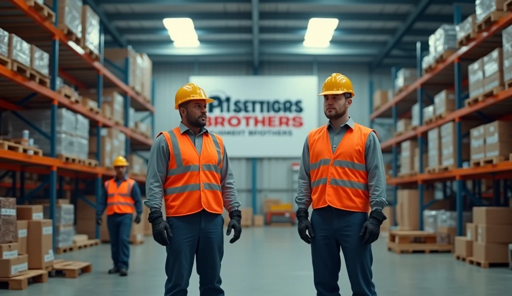 A 2 man in a warehouse carrying boxes of helmets in his hands with shipping guides with the Sun Riders logo