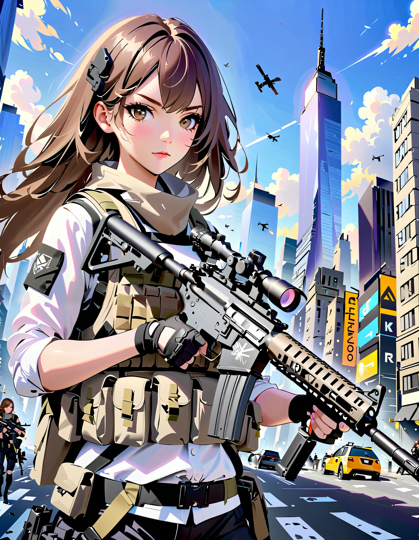 Masterpiece, anime girl with gun in hand and city in background, brown hair, hazel eyes, New York, with AR-15 rifle, tactical fingerless gloves, assault vest, solo, solo focus, daytime, badass anime 8 k, heavily armed, holding a rifle, girls frontline style, holding rifle, fine details. girls frontline, 4 k manga wallpaper