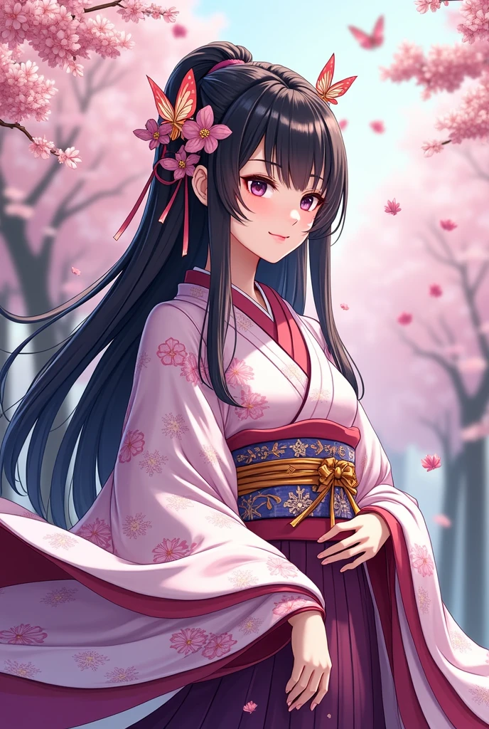 Twelve-layered  kimono，(Masterpiece,  best quality ,  best quality ，aesthetics:1.2)，From the side，Ezvian Everywhere，1300 years ago，Japan_ Heian period，Noble，１ beautiful princess ， Beautiful skin，( straight hair 　length, Beautiful dark-haired　Wealthy)，Beautiful round eyes ，( kimono　Gentle pink color　The beauty of layered colors)，Silk luster， layered color ， wide sleeve，Hakama Hems Long ， dreamy， elegant ， best quality ， Stunning Graphics ,  very detailed， butterfly ，Fresh，  minimal background ， Transparent Robe Images ， CG in detail、