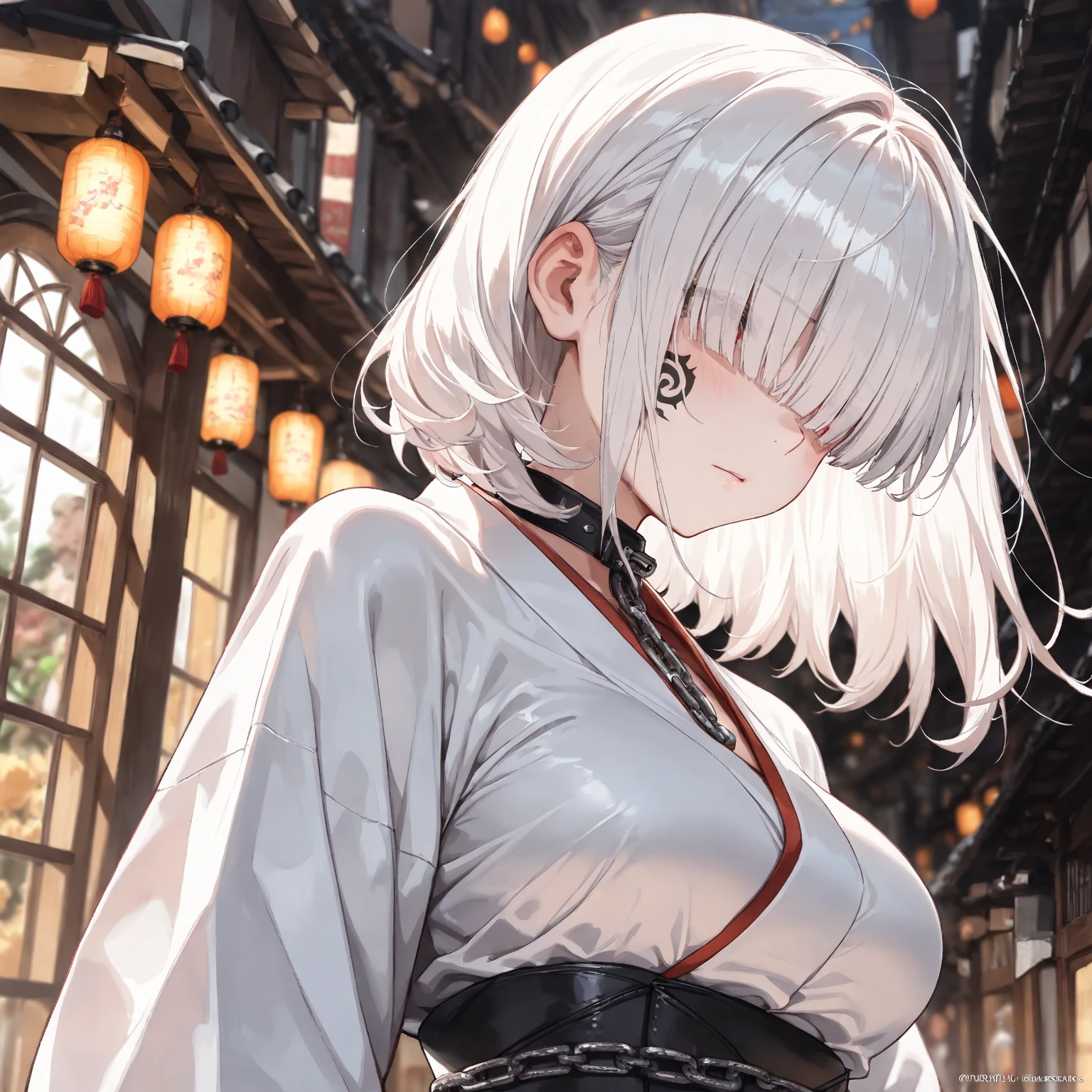 (( hair over eyes)), albino white hair, medium hair, blunt bangs, albino white skin, chain face tattoo, White kimono, medium breasts, (best quality,4k,8k,highres,masterpiece:1.2),ultra-detailed,intricate details, high fashion, dramatic lighting, warm colors, chiaroscuro