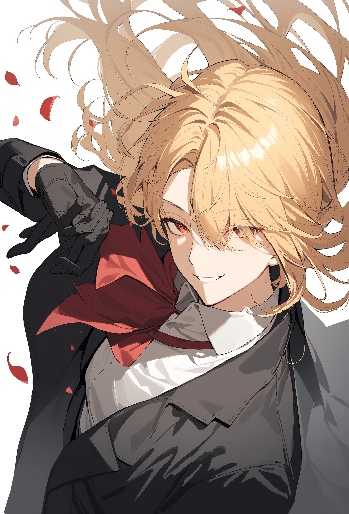 1boy, black coat, black gloves, blonde hair, red eyes, collared coat, hair over one eye, long sleeves, petals, red ascot, simple background, smile, solo, floating hair, white background, very aesthetic, best quality, from above, from side