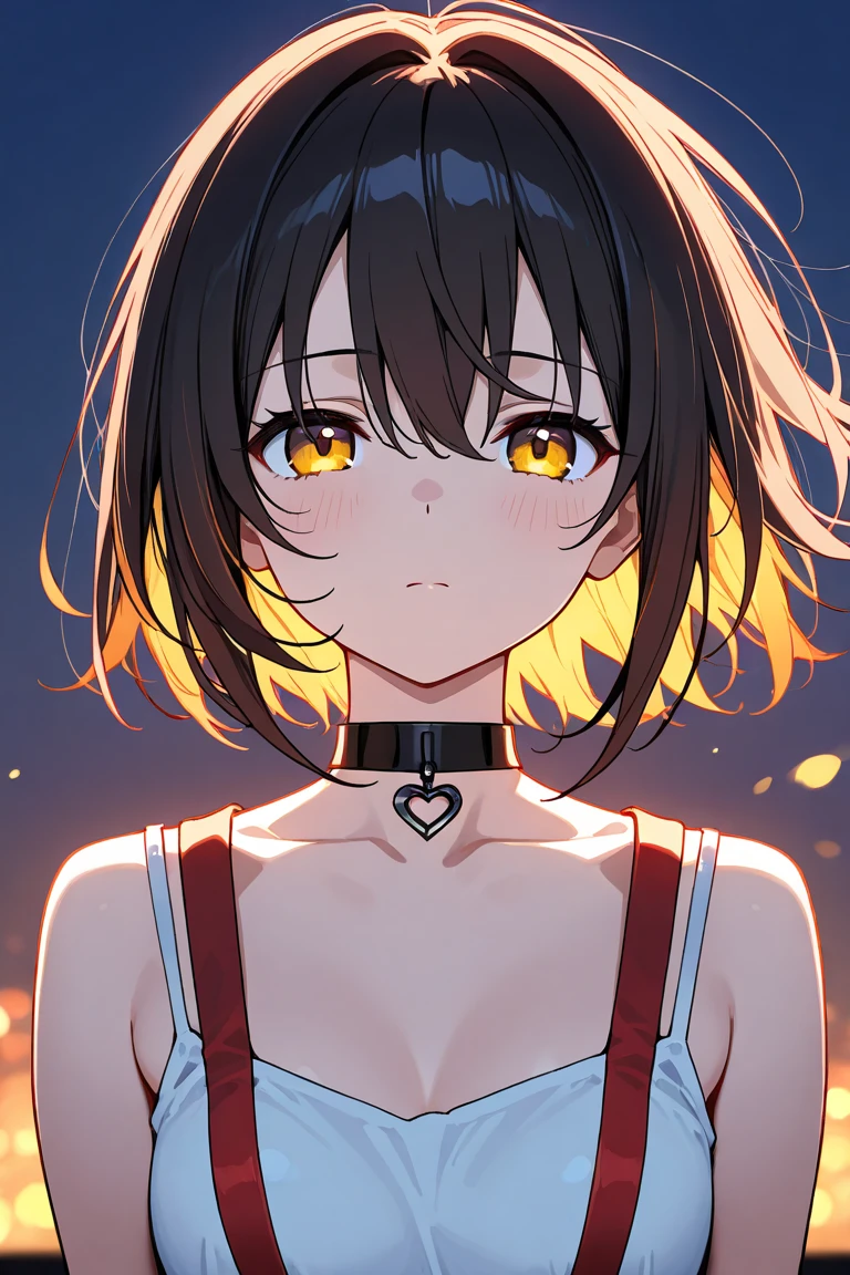 (((dramatic))), ((gritty)), Face up, A girl, Brunette hair, hair, (upper body), Beautiful girl, perfect face, ((heterochromia)), hanging eyes, fair skin, (small), (wearing cool fashion clothing)), fashion, stud earrings, (neck rings), (short gloves as short as half the palm of the hand), best, masterpiece, high resolution, best quality, ultra hd, super detail, award-winning, 16k, bokeh, depth of field
