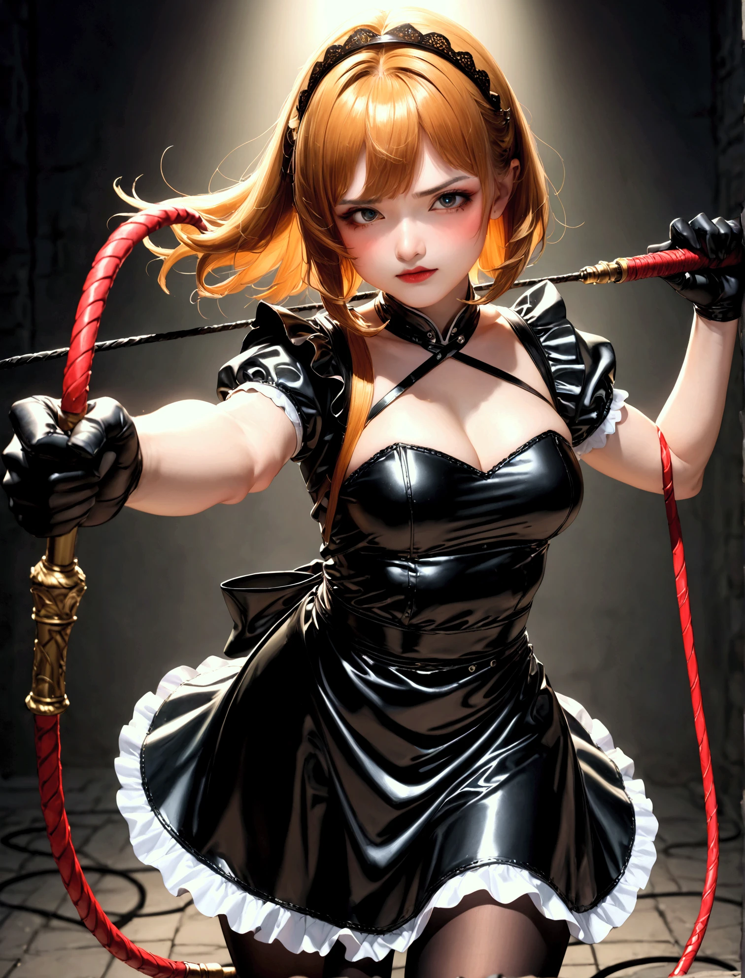 ultra,  The highest quality image ,  artistic masterpiece.  The Japanese-looking girl ,  heavenly beauty , 18+. arrogant, very angry, dissatisfied. copper hair , black maid headband:1.2.  Black lace latex dress :1.2,  black lace latex skirt :1.2,  black latex stockings :1.2,  black latex gloves:1.2,  yellow latex lace apron :1.2.  No naked body . Standing in a dark ,  raw dungeon ,holds a weapon:1.2 , whip ping:1.2, cutting:1.2 , whip:1.2, fighting stance,((( whipping:1.2, motion blur:1.2 , path of motion:1.2 ))), arms outstretched:1.2 , doyagao , входящий vertical whip:1.2 , incoming horizontal whip:1.2