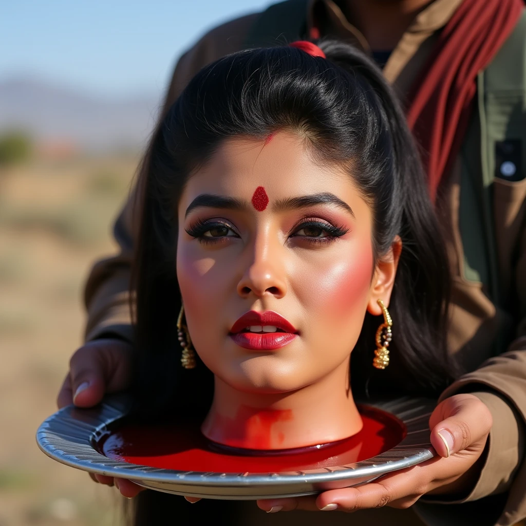 Beautiful chubby Actress's bloody decapitated head put on platter held by terrorist in Afghanistan . Severed head has dark and very long lower pony tail hair style, bindi on forehead precisely between eye brows, eyes closed, mouth sightly apart, wearing ear ring, and wearing natural makeup. Severed head showcasing full detail of realistic face and there in no hint of a smile that makes her appear as though she is simply lost in thought rather than lifeless. there is day light