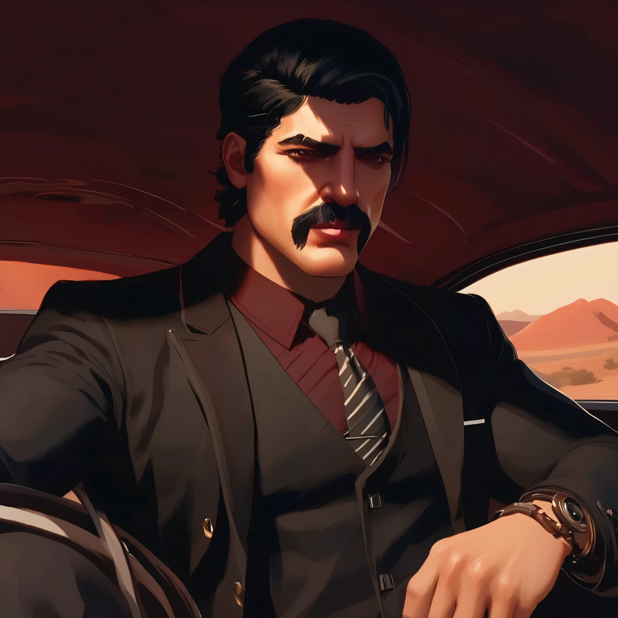 A cruel, merciless mafia leader with a handsome heart, tall, smoking, wealthy, with real muscles, slightly long black hair, a weapon in his hand, cars and men behind him.