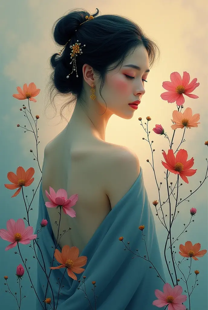 Chiaroscuro on a sensual painting of an elegant oriental woman , retro and vintage ,Chocolate Cosmos (Cosmos Artrosanguneus) Around the body, matte painting, Hannah Dale, By Harumi Hironaka, very soft colors, vibrant, pastel, highly detailed, Digital Artwork, high contrast, dramatic, Refined, Tone of, golden ratio, masterpiece, best quality, ultra high resolution, 1 woman, portrait, (abstract art:1.4), (Brushstrokes), (fancy:1.1), bleeding blue, blue theme, visually Very cool, beautiful, reminiscent, emotional, side view, perfect lighting, perfect shading, volumetric lighting, underground spawning, detailed, convoluted, perfect body, Very cool, very cool, beautiful, (beautiful face), (realistic:1.4),