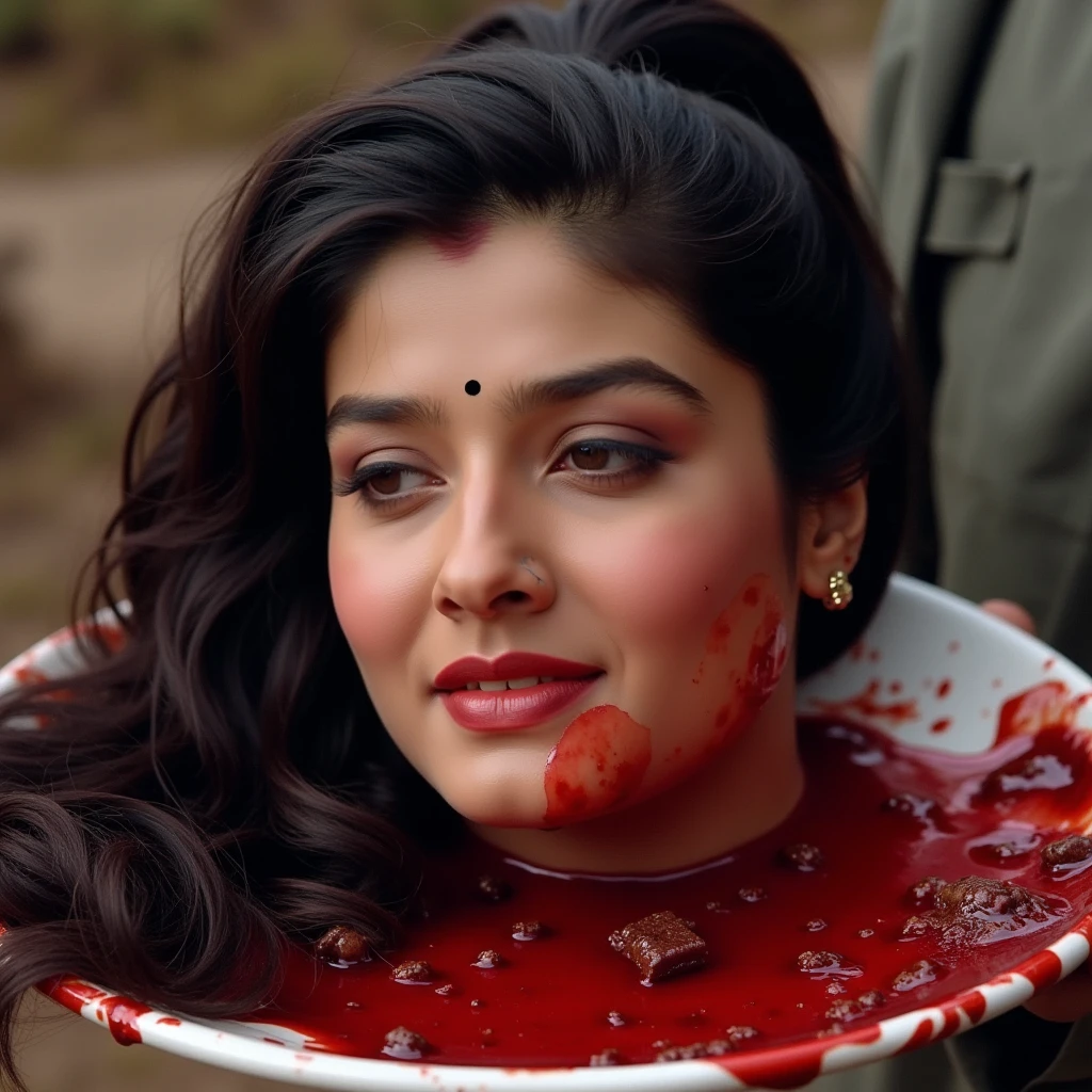 Beautiful chubby Actress's bloody decapitated head put on platter held by terrorist in Afghanistan . Severed head has dark and very long lower pony tail hair style, bindi on forehead precisely between eye brows, eyes closed, mouth sightly apart, wearing ear ring, and wearing natural makeup. Severed head showcasing full detail of realistic face and there in no hint of a smile that makes her appear as though she is simply lost in thought rather than lifeless. there is day light