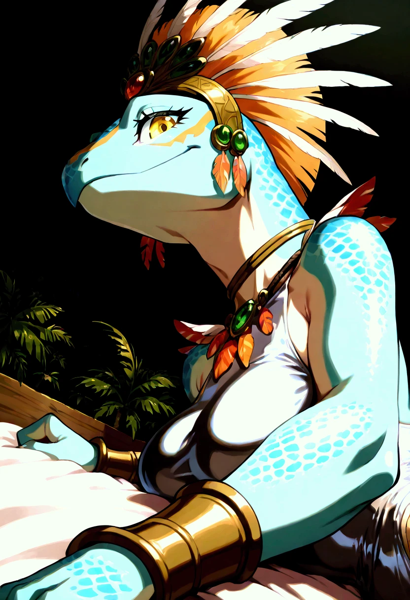 score_9, score_8_up, score_7_up, score_6_up, score_5_up, female , SkinkSkirmisher , solo, looking at the viewer seductivly ,scalie ,blue body, blue scales, yellow eyes, simple background, jungle temple background, late night, tropical forest, dense vegetation, wearing edgCarnival, white silver shiny costume with white feathers, one-piece bodysuit, white silver shiny leotard, jewelry, white feather pan headress, white feather skirt, white feathers bracers, close mouth, good hand, dynamic angle, beautiful face, flawless face, detailed eyes, large eyes, beautiful girl, laying on a bed, relaxing in a bed, laying on side, close-up, bust-portrait, low angle view, upper-body, seductive, teasing, bedroom-eyes, first person view, seductive pose, sexy pose, seducing, side view, 