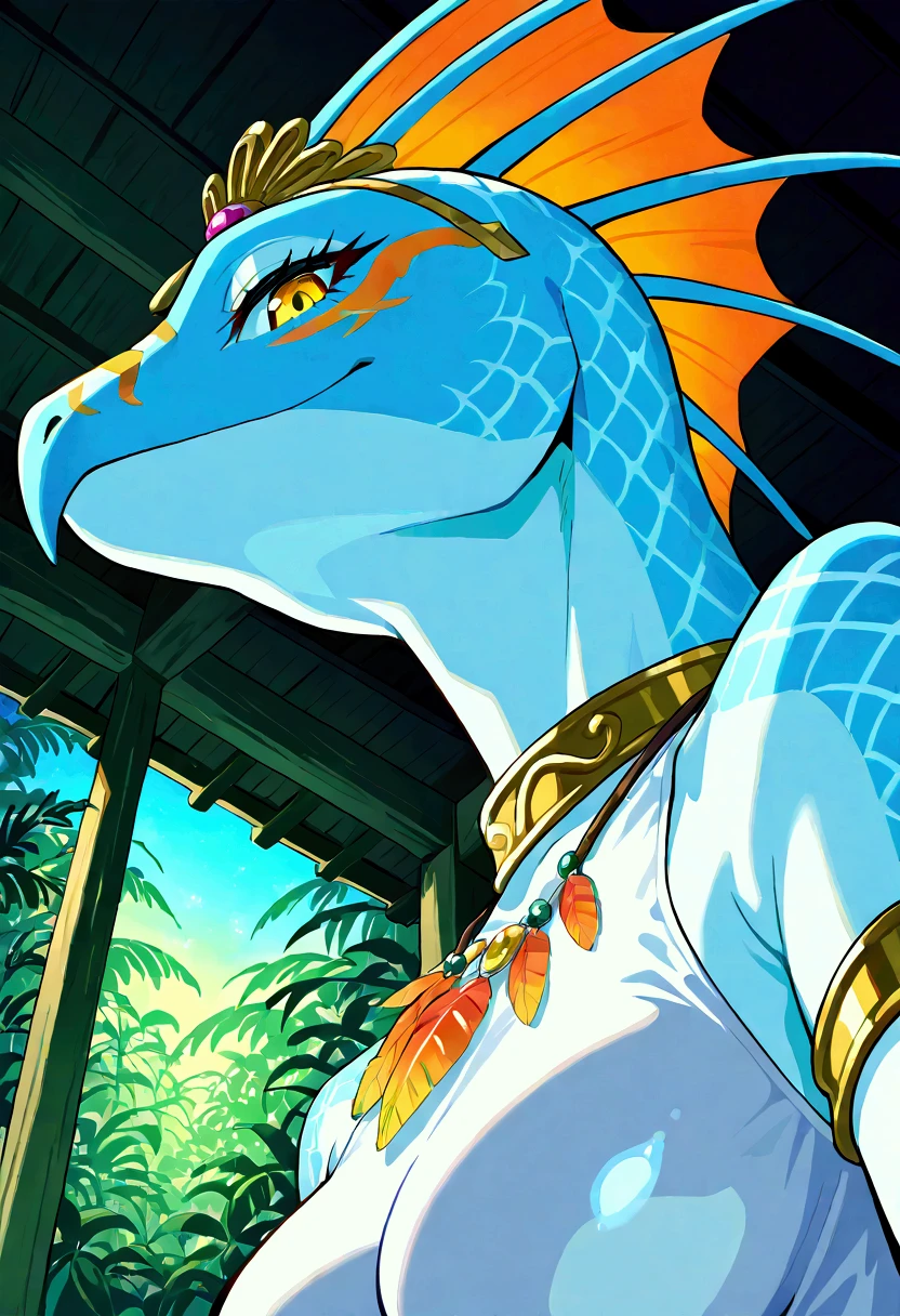 score_9, score_8_up, score_7_up, score_6_up, score_5_up, female , SkinkSkirmisher , solo, looking at the viewer seductivly ,scalie ,blue body, blue scales, yellow eyes, simple background, jungle temple background, late night, tropical forest, dense vegetation, wearing edgCarnival, white silver shiny costume with white feathers, one-piece bodysuit, white silver shiny leotard, jewelry, white feather pan headress, white feather skirt, white feathers bracers, close mouth, good hand, dynamic angle, beautiful face, flawless face, detailed eyes, large eyes, beautiful girl, laying on a bed, relaxing in a bed, laying on side, close-up, bust-portrait, low angle view, upper-body, seductive, teasing, bedroom-eyes, first person view, seductive pose, sexy pose, seducing, side view, 