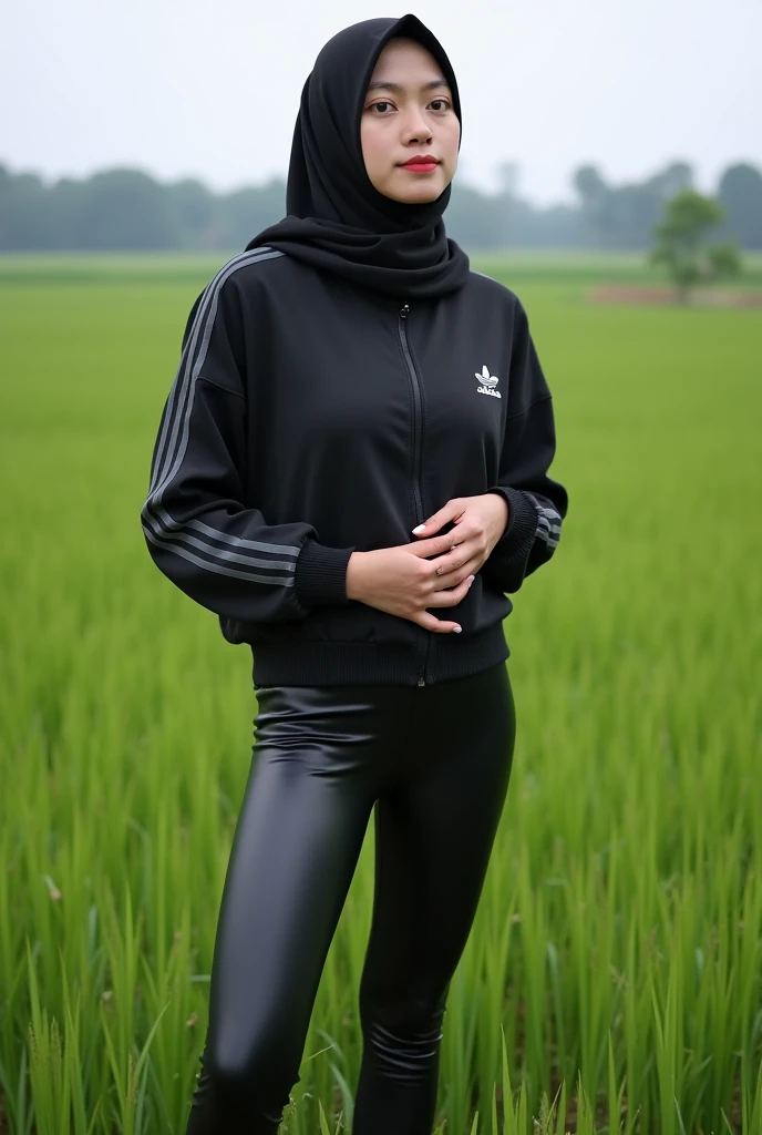 1 lady, wearing a brown hoodie, long khaki pants, wearing a khaki hijab, sitting casually on sofa, thin waist, (huge breast 1.4), dark background, make-up, blusher, eye liner