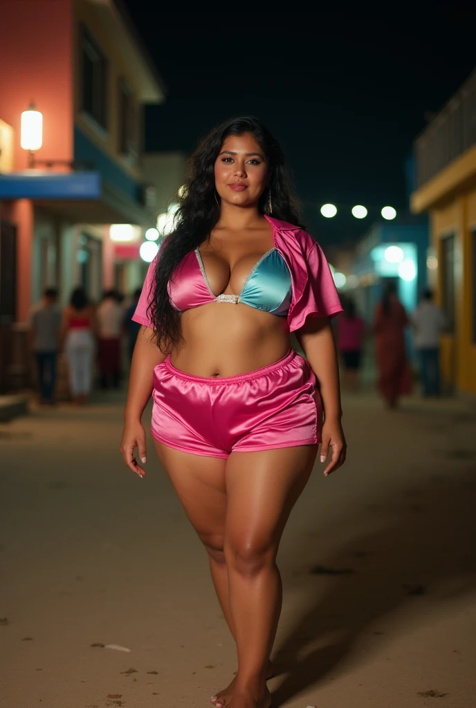 beach club, a full length portrait of curvy pakistani woman, detailed face, 35mm lens, (lipstick) (wearing tight pink+blue+gold satin shorts) plus size woman, smile, sexy, dirty skin, dirty body, dirty with dust, sweaty body, barefoot, black hair, hard light, aperture 5.6, tight satin shirt, abandoned place, various pose (tight satin slip) sharp focus, skin texture, casually posing (highly detailed skin) , skin spots, real skin (outdoor) (night) street lights, skin pores:1.2, skin spots, skin pores, freckles:1.3, (low light) , (transparent half sleeves) (blonde highlights hair) (tied hair) (knees) skin texture, full length, various poses,(view from behind)
