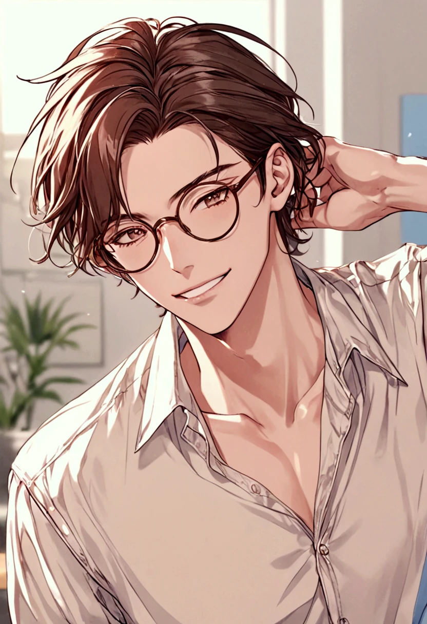 super detail, 1 man, handsome man, Delicate line drawing, white buttoned shirt, brown hair, shortcuts , Background Blur, smile, hand in own hair, wearing oval glasses with a lightweight plastic frame, big eyes.