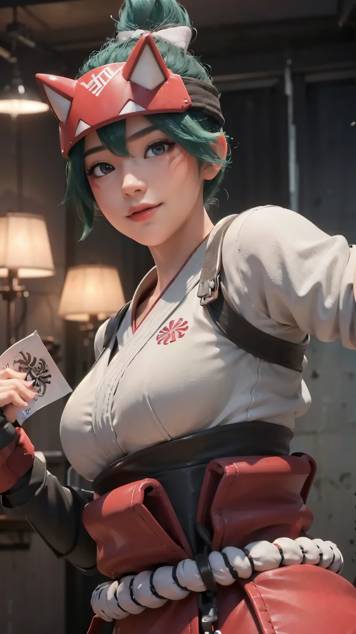 Kiriko,(best qualityer,4K,8k,high resolution,work of art:1.2)(weather: cloudy), mech facility background, mech reactor, white cropped top, elbow long sleeves, belt, tight leggings, mechanic gloves, mechanic harness, mechanic boots, eyeliner, short wavy hair, green hair, ultra detailed, realistic, portrait,beautiful detailed hazel brown eyes, glowing eyes,blush,beautiful detailed lips,extremely detailed eye and face, long eyelashes, sexy,average, large breasts,beaming smile, cute smile,powerful girl, joyful pose, stunning curves,bright coloured,dramatic lighting,