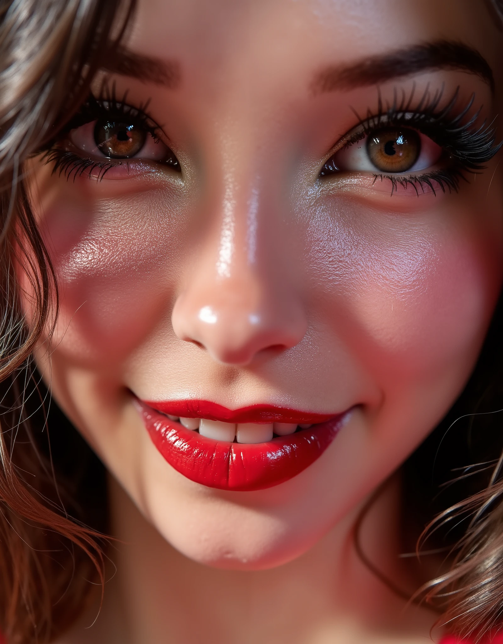 extreme close up of lips, bright shiny red lip gloss, lips shiny as a mirror, reflective, luminescent, photo of lips and eyes only