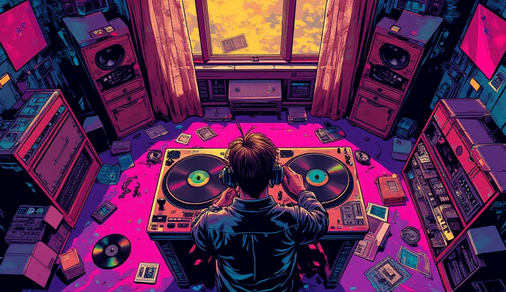 A mesmerizing cyberpunk design featuring a disc jockey seen from above manipulating two turntables and a mixer in pixel art style amid boxes of records and cassette tapes and vinyl records scattered across the floor, in details radiating vibrant shades of pink, blue , green and yellow, in a recording studio setting, with bold graphic lines and shapes reminiscent of classic comic book and 80s video game art in a bold, contrasting color scheme that juxtaposes the bright, pulsating colors