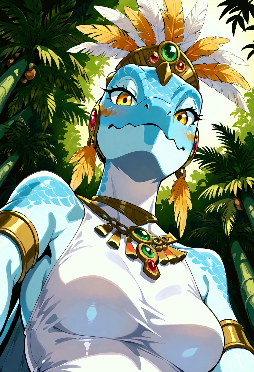 score_9, score_8_up, score_7_up, score_6_up, score_5_up, female , SkinkSkirmisher , solo, looking at the viewer seductivly ,scalie ,blue body, blue scales, yellow eyes, simple background, jungle temple background, late night, tropical forest, dense vegetation, wearing edgCarnival, white silver shiny costume with white feathers, one-piece bodysuit, white silver shiny leotard, jewelry, white feather pan headress, white feather skirt, white feathers bracers, close mouth, good hand, dynamic angle, beautiful face, flawless face, detailed eyes, large eyes, beautiful girl, laying on a bed, relaxing in a bed, laying on side, close-up, bust-portrait, low angle view, upper-body, seductive, teasing, bedroom-eyes, first person view, seductive pose, sexy pose, seducing, side view, 