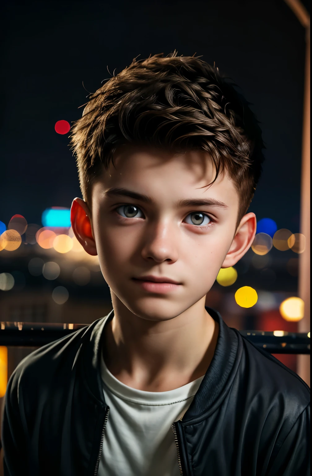 Best quality, offical wallpaper, 1boy, 07 YEARS OLD, , LOOK LIKE TOM HOLLAND, AT BALCONY,   Realistic, Photorealistic,  (EOS R8,50 millimeters,F1.2,8K,RAW photo:1.2), Bokeh