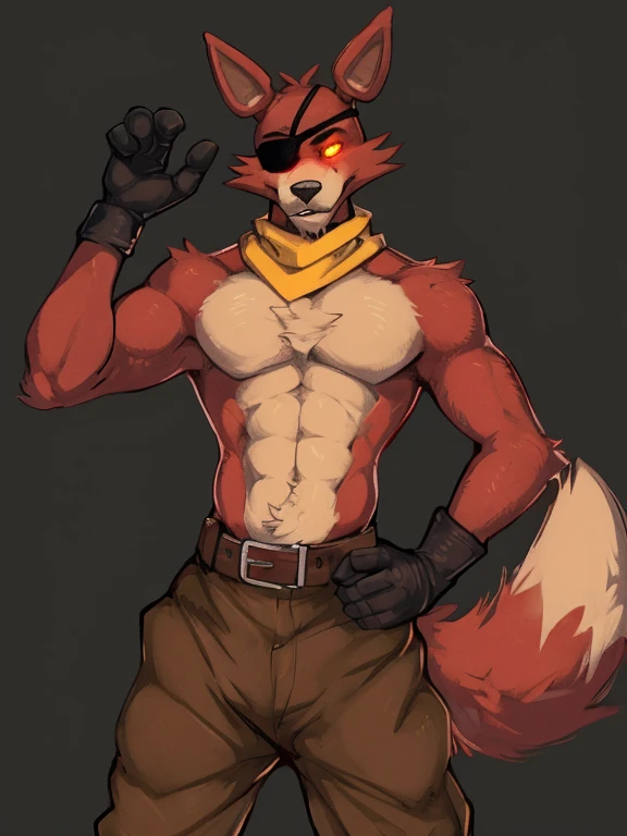 (by zackary911, anime, soft hatching) anthropomorphic, solo, human anatomy, adult, tall, mature, anthro, (muscular, biceps, soft abs, buff), (Foxy (FNAF), red fur, fox ears, fox tail, yellowing glowing eye, chest tuft), (brown baggy pants, belt around waist, black gloves, pirate, shirtless, eyepatch, yellow scarf)