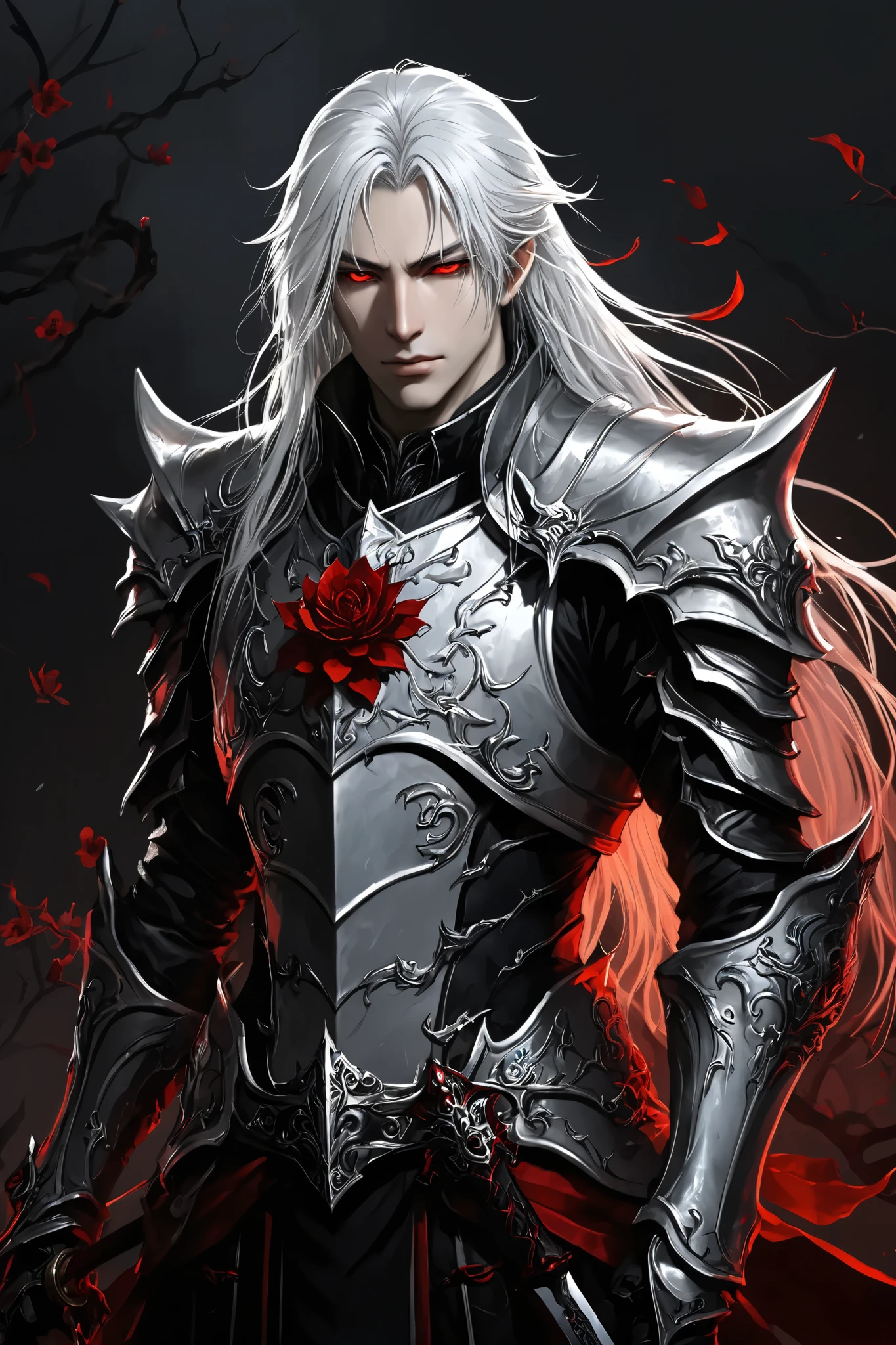 portrait (concept art:1.3) of a vampire knight with long (messy white hair), front view, {style of Sylvain Sarrailh}, (game art), illustration, (pale gray skin:1.3), glowing red eyes, ribcage visible through tattered dark fabric, wearing blackened plate armor, holding a sword with a glowing light red blade, surrounded by stylized black and red flowering vines and thorny branches, (dramatic rim lighting:1.3), armor details, detailed hair shadow, (dark fantasy art), cinematic, high-resolution image