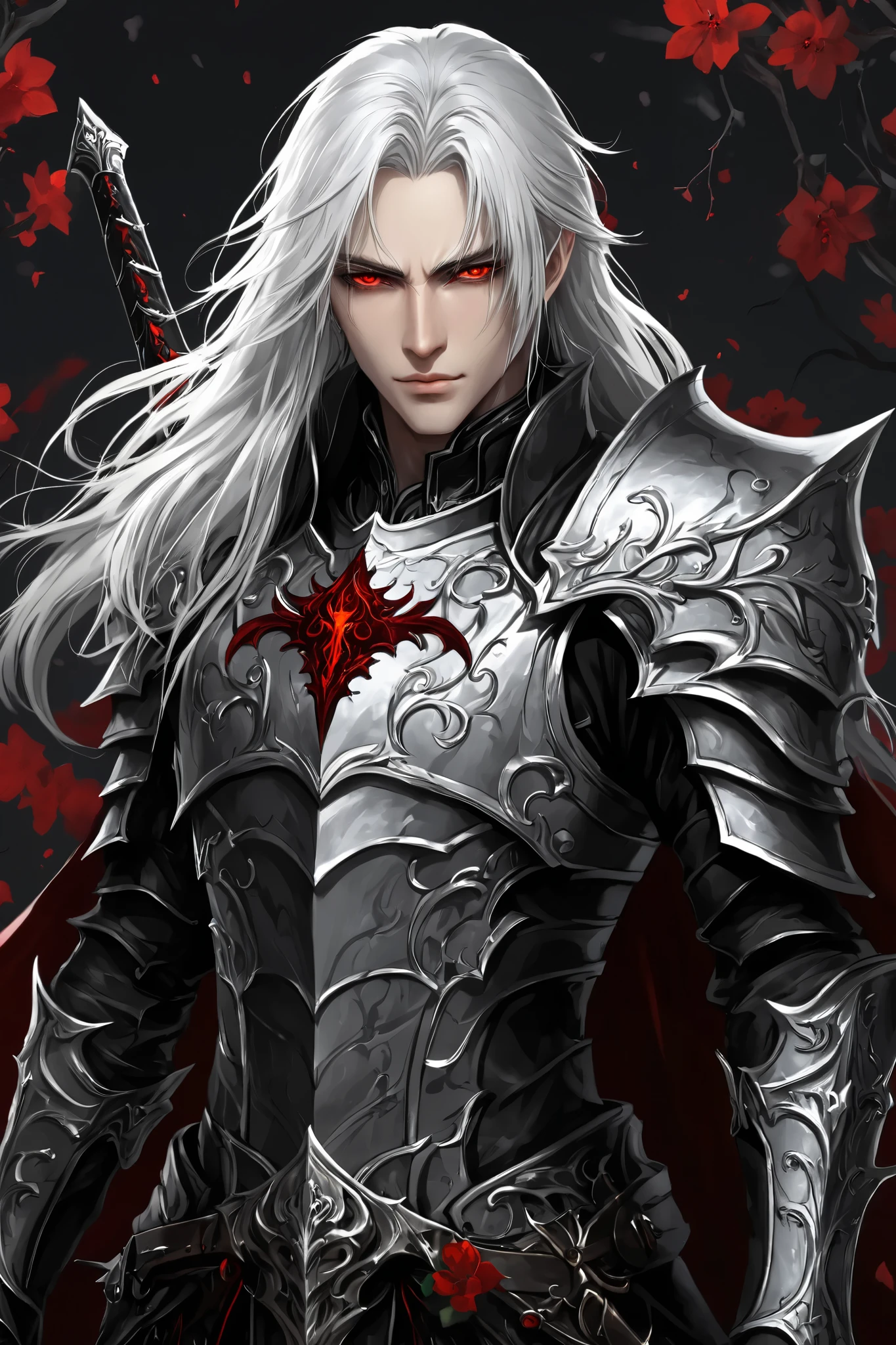 portrait (concept art:1.3) of a vampire knight with long (messy white hair), front view, {style of Sylvain Sarrailh}, (game art), illustration, (pale gray skin:1.3), glowing red eyes, ribcage visible through tattered dark fabric, wearing blackened plate armor, holding a sword with a glowing light red blade, surrounded by stylized black and red flowering vines and thorny branches, (dramatic rim lighting:1.3), armor details, detailed hair shadow, (dark fantasy art), cinematic, high-resolution image