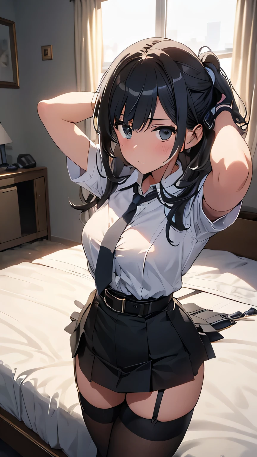 High Quality , Masterpiece, ultra high definition, ( realism: 1.4), oil painting style , movie lights, , I stood on an empty asphalt road watched it.., 、 Flying Crane Hanging Leather Big Breasted Small face lying on the bed looks up at the sweat belt buzzer 脇sweat black hole gloves suit miniskirt garterbelt Footlink ズボンのbelt place hs on back restless expression looks up at the restless expression Knee-length Knee-High Socks Knee-length socks garter belt garter Garterbelt on thighs, place hs on back limit hcuffs Cable ties Cable ties on thumbs big