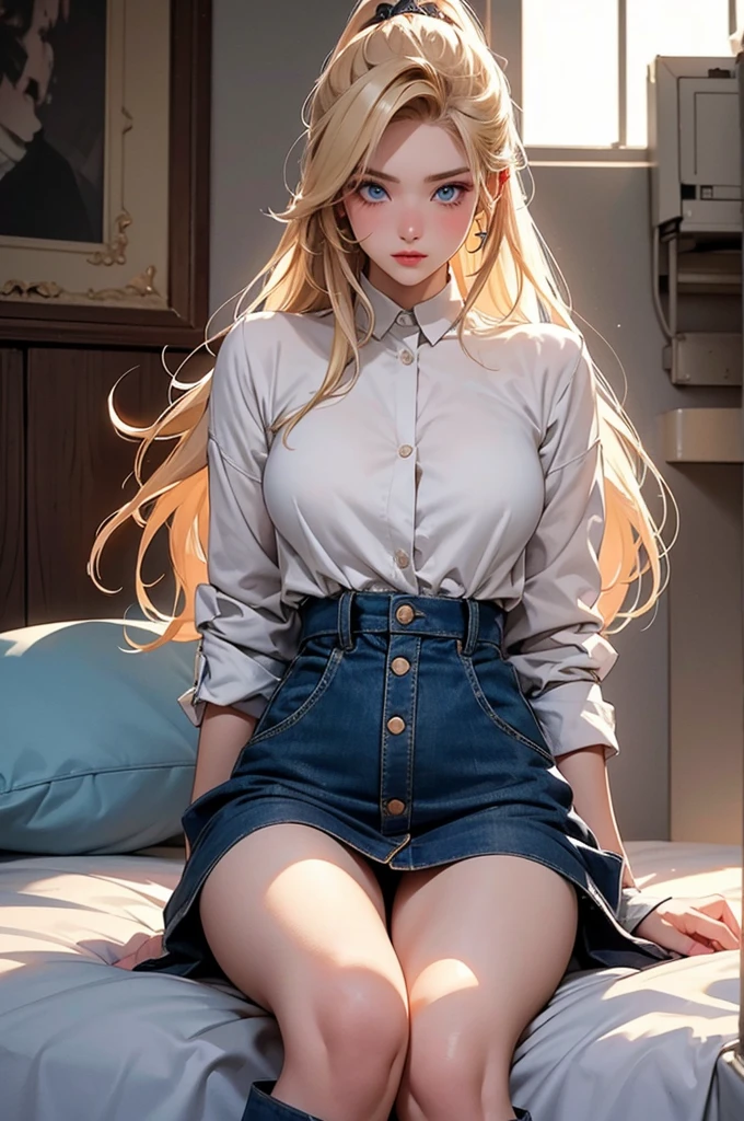 Girl looking at the camera, Demonstration of breasts in tight clothes, (SFW), long yellow hair, exteriors, Clouds, Slender figure, Appearance of the model, confusion, sexuality, Cute beautiful anime woman, detailed digital anime art, beautiful anime girl, beautiful anime girl, Anime with small details, Best Quality, Masterpiece, Ultra-detailed, Beautiful, hight resolution, Original,CG 8K ультрареалистичный, perfect artwork, beatiful face, Face Clean, Skin, hyper realistic, Ultra Detailed, A detailed eye, dramatic lighting, (Realistic) Realistic, Full HD, Best Quality, Best Quality, Beautiful lighting, (8k wallpaper of extremely detailed CG unit), High Details, sharp-focus, The art of dramatic and photorealistic painting, beautiful smile, little chest, Torn clothes, There aren't many clothes left, kitagawa marin, 1girl, blonde hair, hairlong, multi-colored hair, red eyes, Jewelry, earings, piercing, school uniform, white shirt, tied shirt, black choker, Blue Tie, plaid skirt