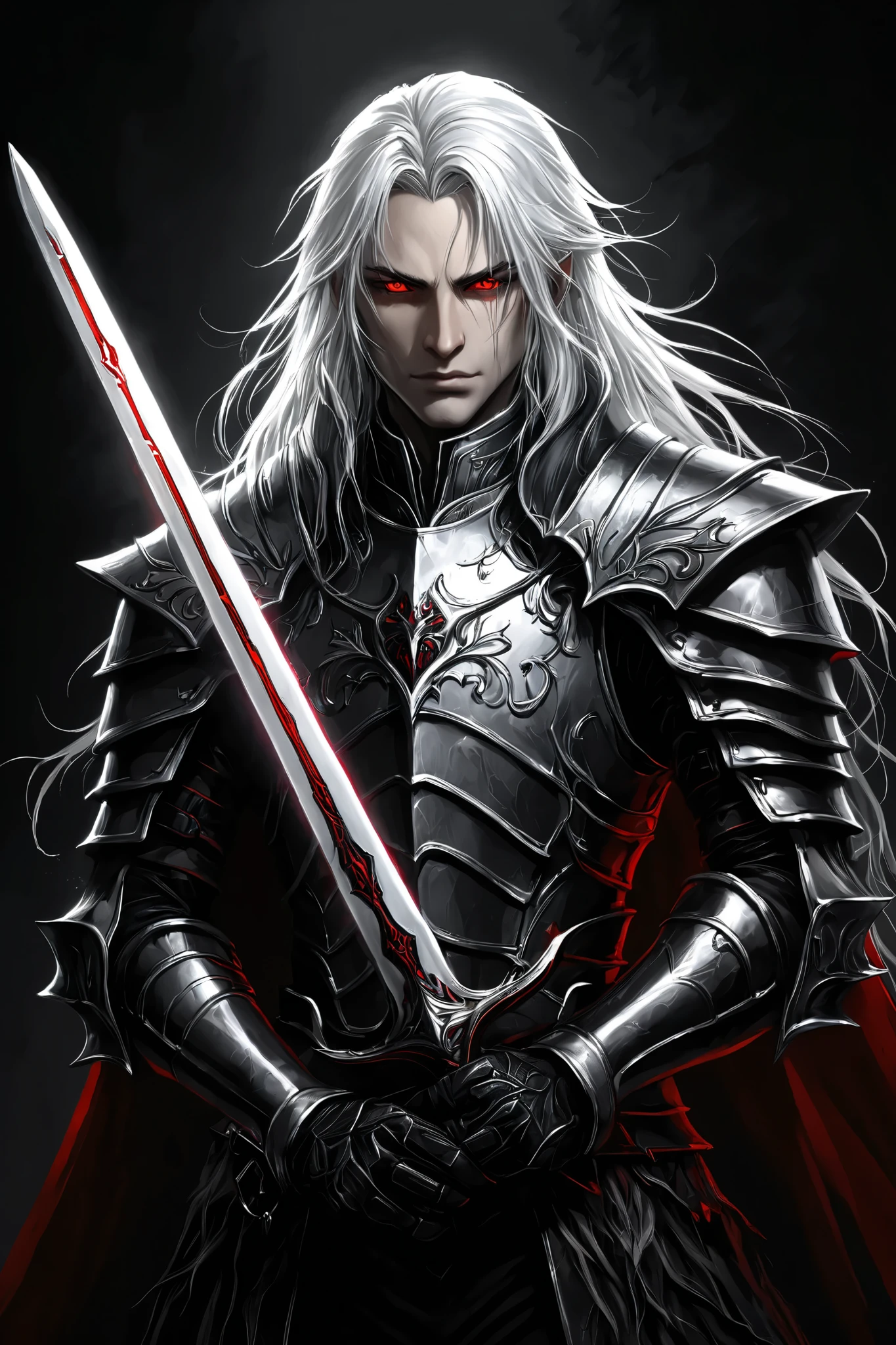 portrait (concept art:1.3) of a vampire knight with long (messy white hair), front view, {style of Sylvain Sarrailh}, (game art), illustration, (pale gray skin:1.3), glowing red eyes, ribcage visible through tattered dark fabric, wearing blackened plate armor, holding a sword with a glowing light red blade, surrounded by stylized black and red flowering vines and thorny branches, (dramatic rim lighting:1.3), armor details, detailed hair shadow, (dark fantasy art), cinematic, high-resolution image