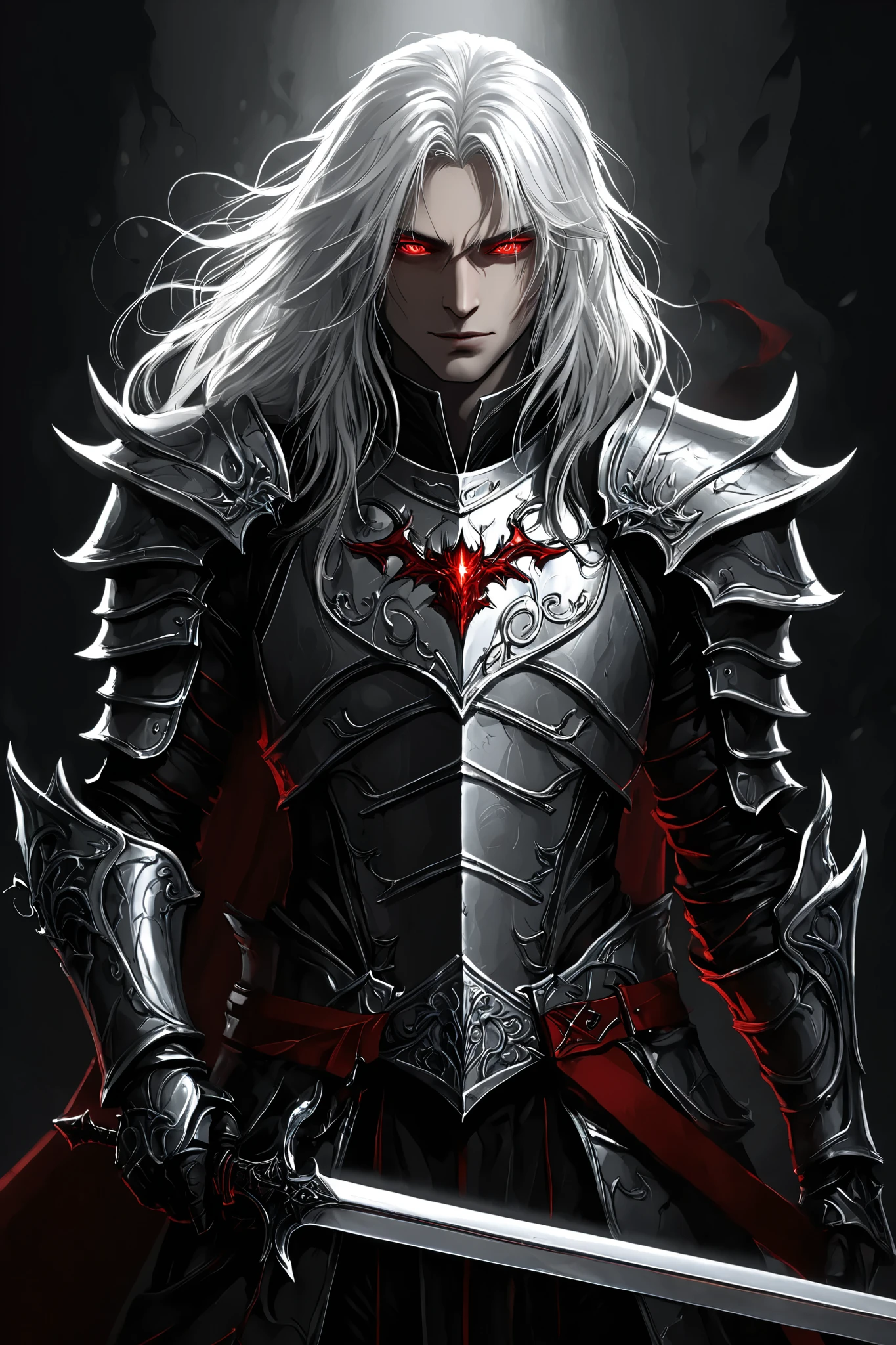 portrait (concept art:1.3) of a vampire knight with long (messy white hair), front view, {style of Sylvain Sarrailh}, (game art), illustration, (pale gray skin:1.3), glowing red eyes, ribcage visible through tattered dark fabric, wearing blackened plate armor, holding a sword with a glowing light red blade, surrounded by stylized black and red flowering vines and thorny branches, (dramatic rim lighting:1.3), armor details, detailed hair shadow, (dark fantasy art), cinematic, high-resolution image