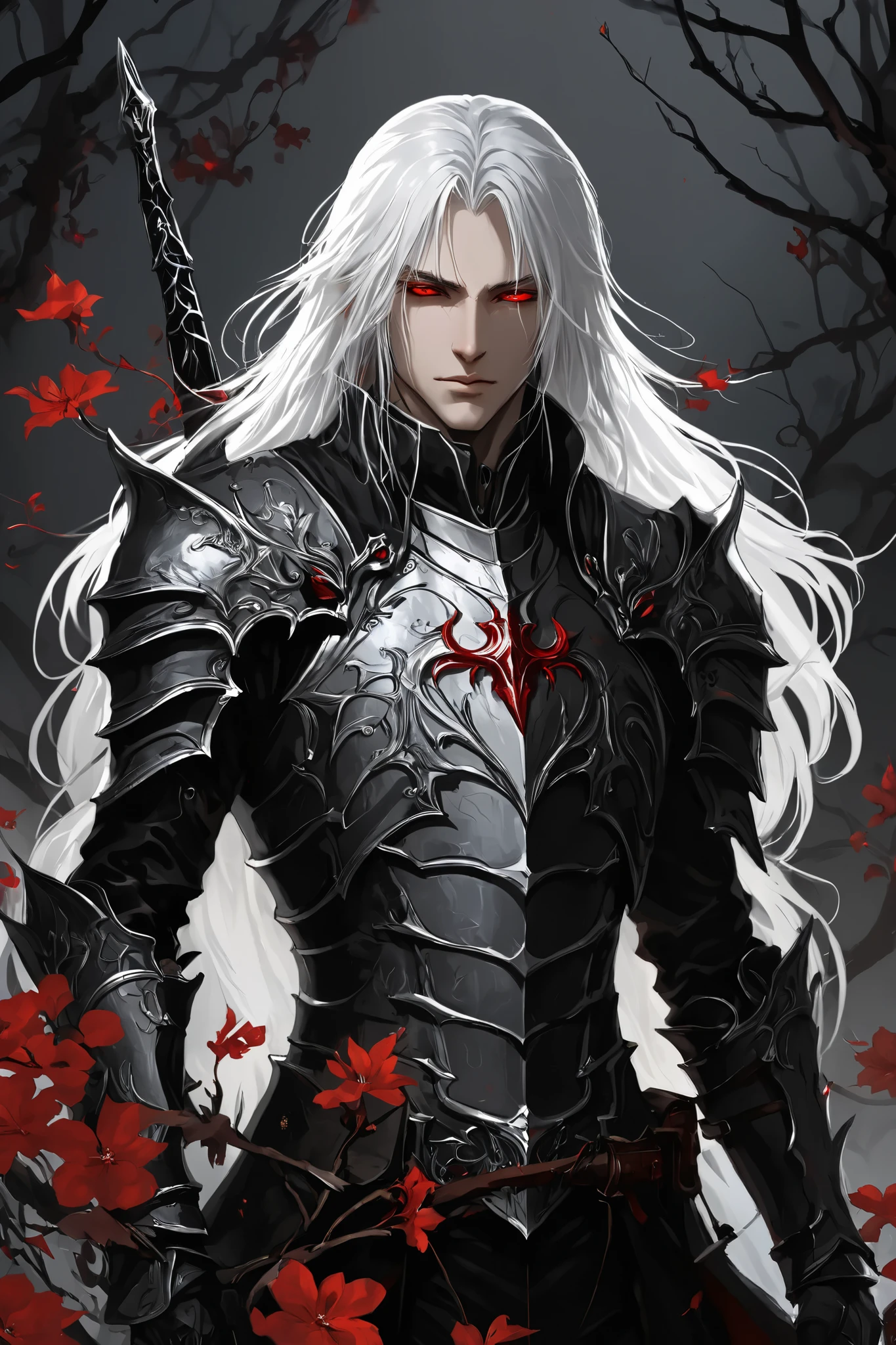 portrait (concept art:1.3) of a vampire knight with long (messy white hair), front view, {style of Sylvain Sarrailh}, (game art), illustration, (pale gray skin:1.3), glowing red eyes, ribcage visible through tattered dark fabric, wearing blackened plate armor, holding a sword with a glowing light red blade, surrounded by stylized black and red flowering vines and thorny branches, (dramatic rim lighting:1.3), armor details, detailed hair shadow, (dark fantasy art), cinematic, high-resolution image