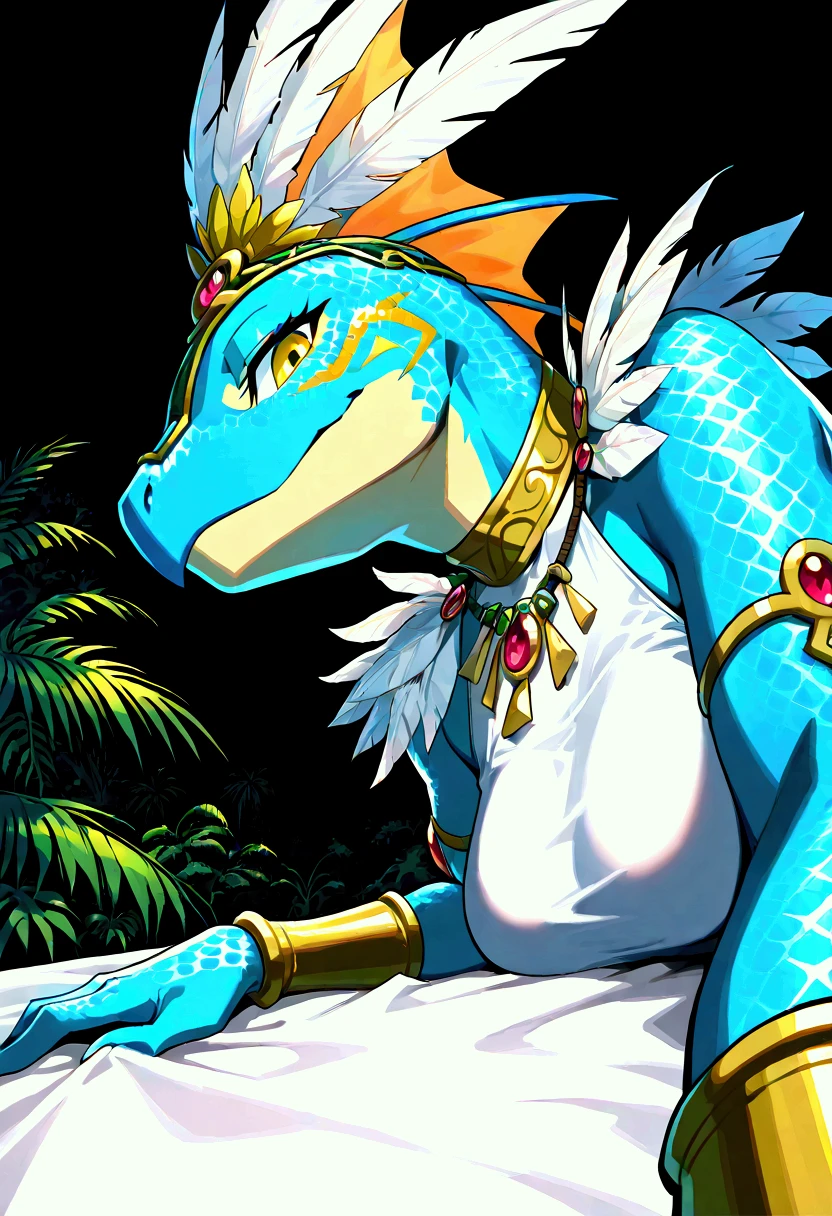 score_9, score_8_up, score_7_up, score_6_up, score_5_up, female , SkinkSkirmisher , solo, looking at the viewer seductivly ,scalie ,blue body, blue scales, yellow eyes, simple background, jungle temple background, late night, tropical forest, dense vegetation, wearing edgCarnival, white silver shiny costume with white feathers, one-piece bodysuit, white silver shiny leotard, jewelry, white feather pan headress, white feather skirt, white feathers bracers, close mouth, good hand, dynamic angle, beautiful face, flawless face, detailed eyes, large eyes, beautiful girl, laying on a bed, relaxing in a bed, laying on side, close-up, portrait, low angle view, seductive, teasing, bedroom-eyes, first person view, seductive pose, sexy pose, seducing, side view, 